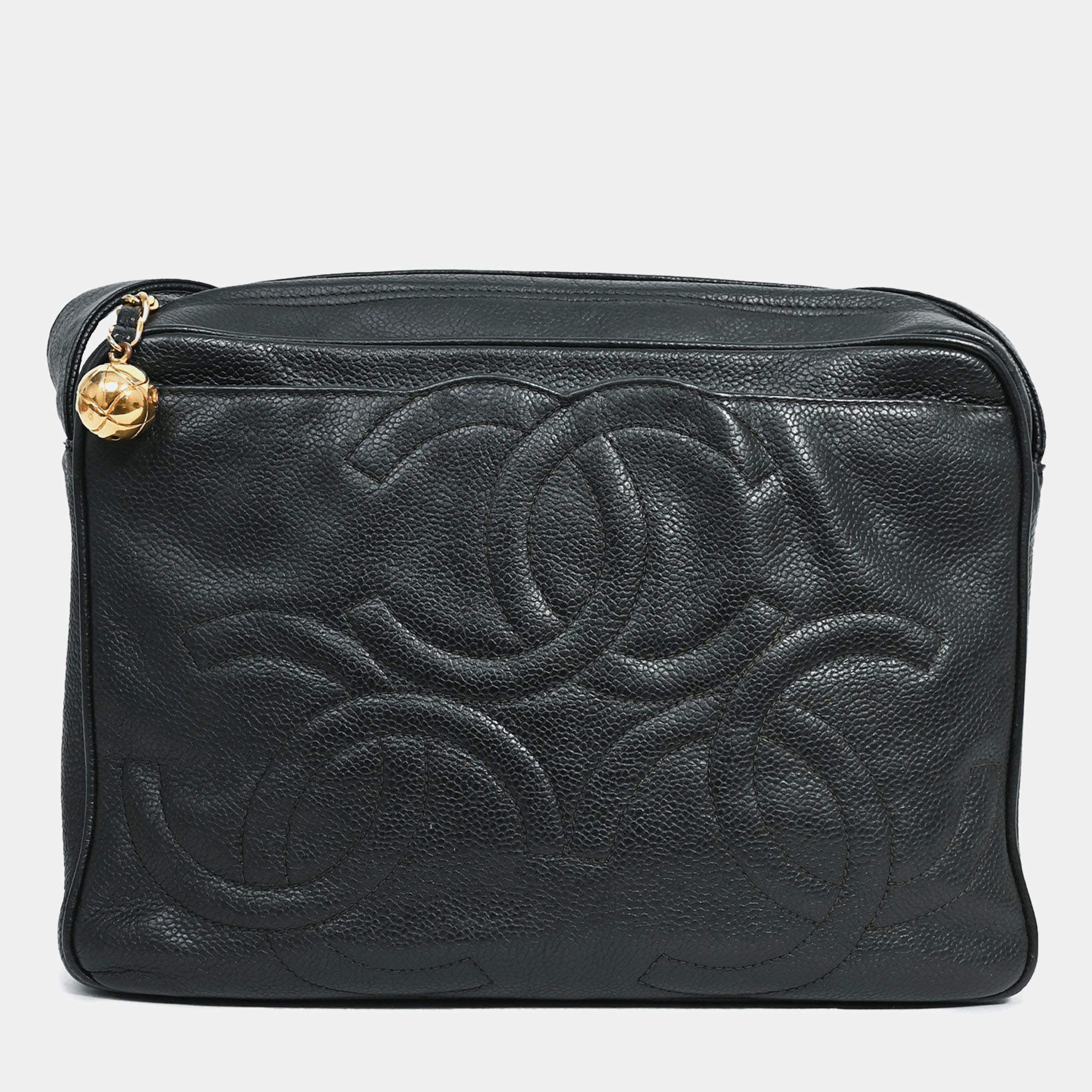 Pre Owned Chanel 1986-1988 Black Caviar Leather Triple CC Logo Crossbody