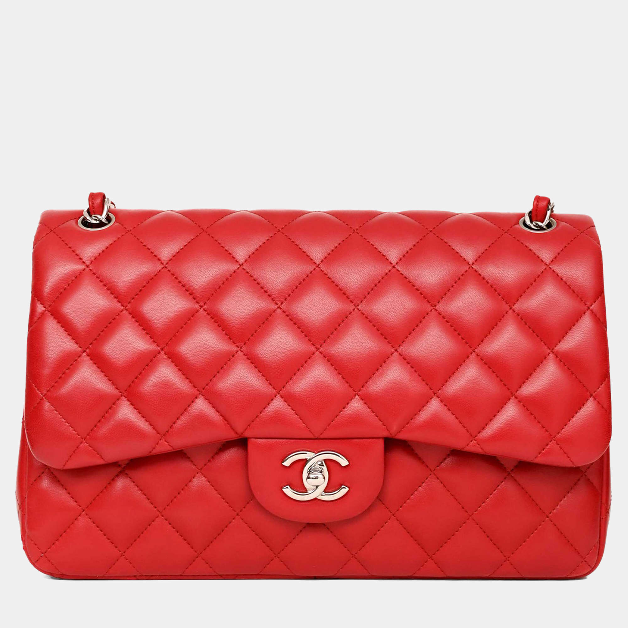 Pre Owned Chanel 2012-13 Red Lambskin Leather Classic Large Double Flap