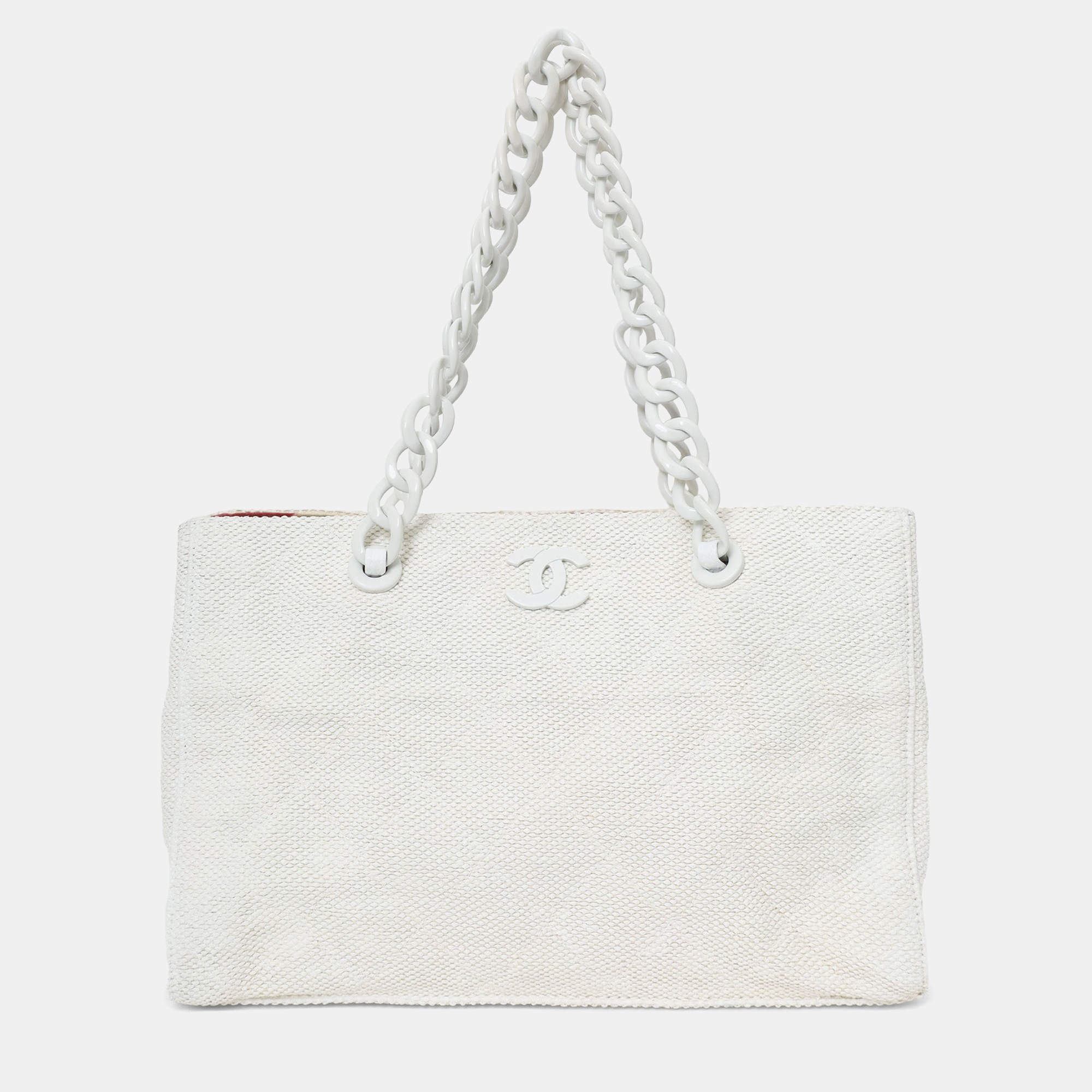 Pre Owned Chanel 2000-02 White Raffia Chain Beach Tote With Pouches