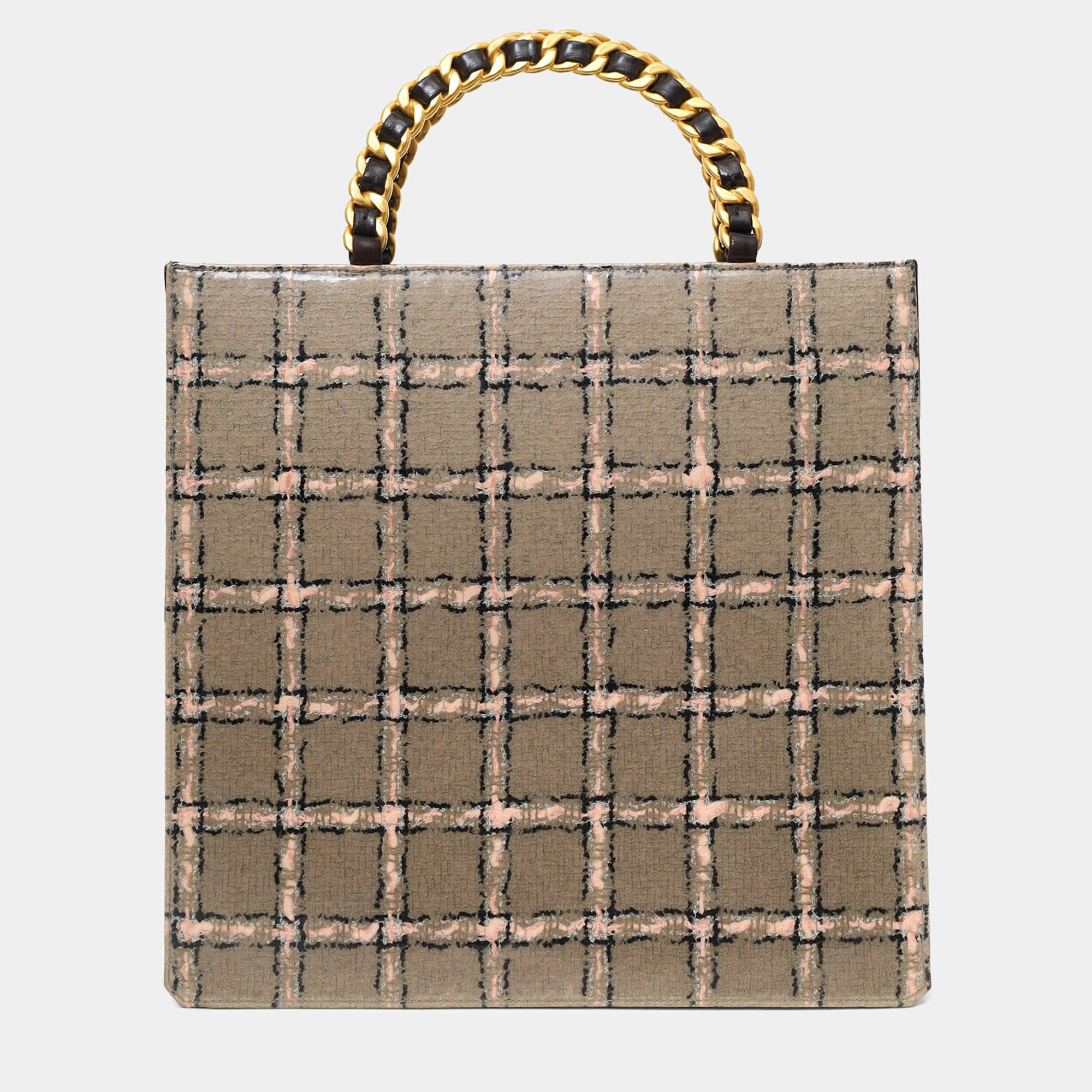 Pre Owned حقيبة شانيل بمقبض علوي بسلسلة نقشة الكاروهات رمادية/وردية