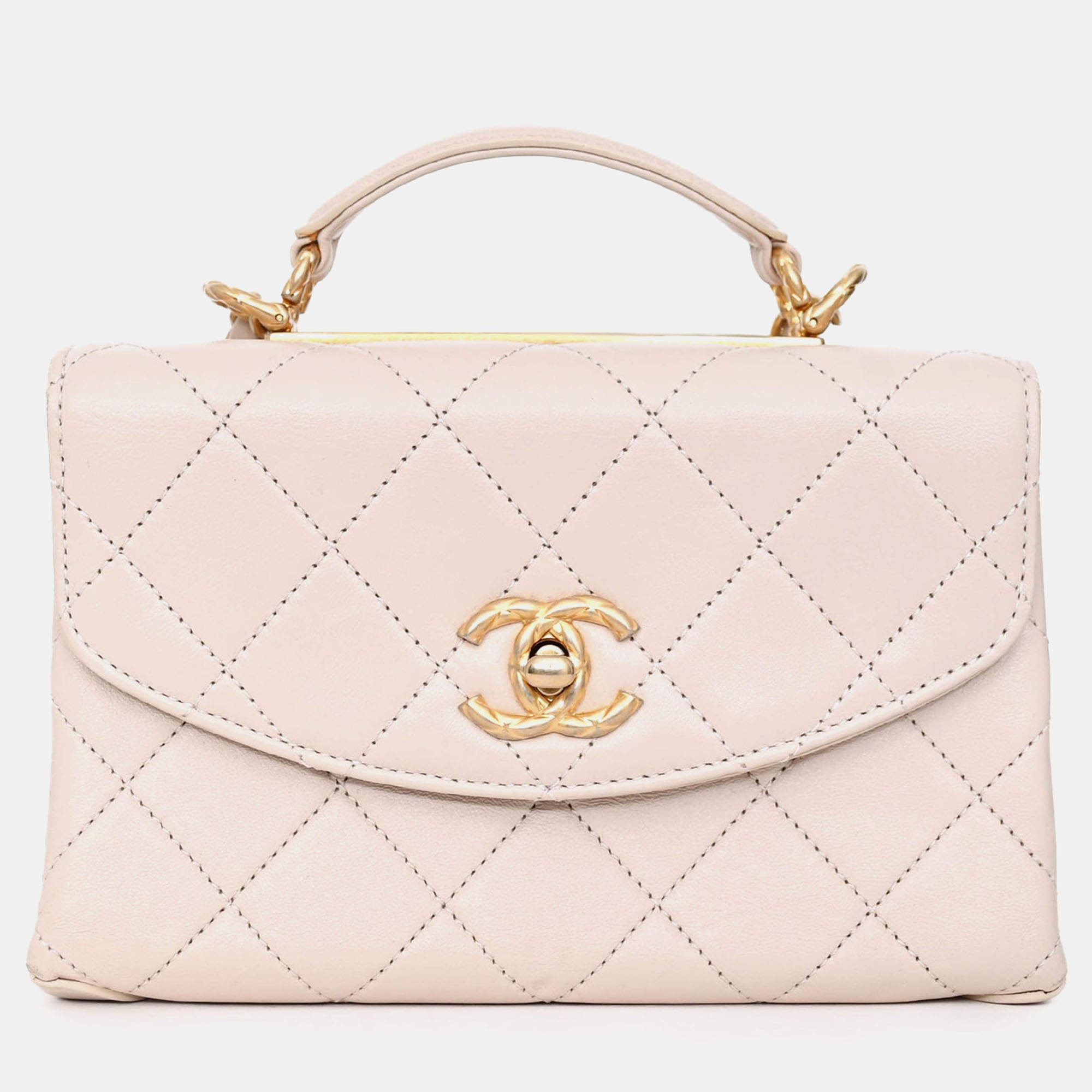 Pre Owned حقيبة شانيل "2020" يد علوية صغيرة جلد لامب بطبعة متقاطعة بلون بيج مع تجهيزات ذهبية مربعة