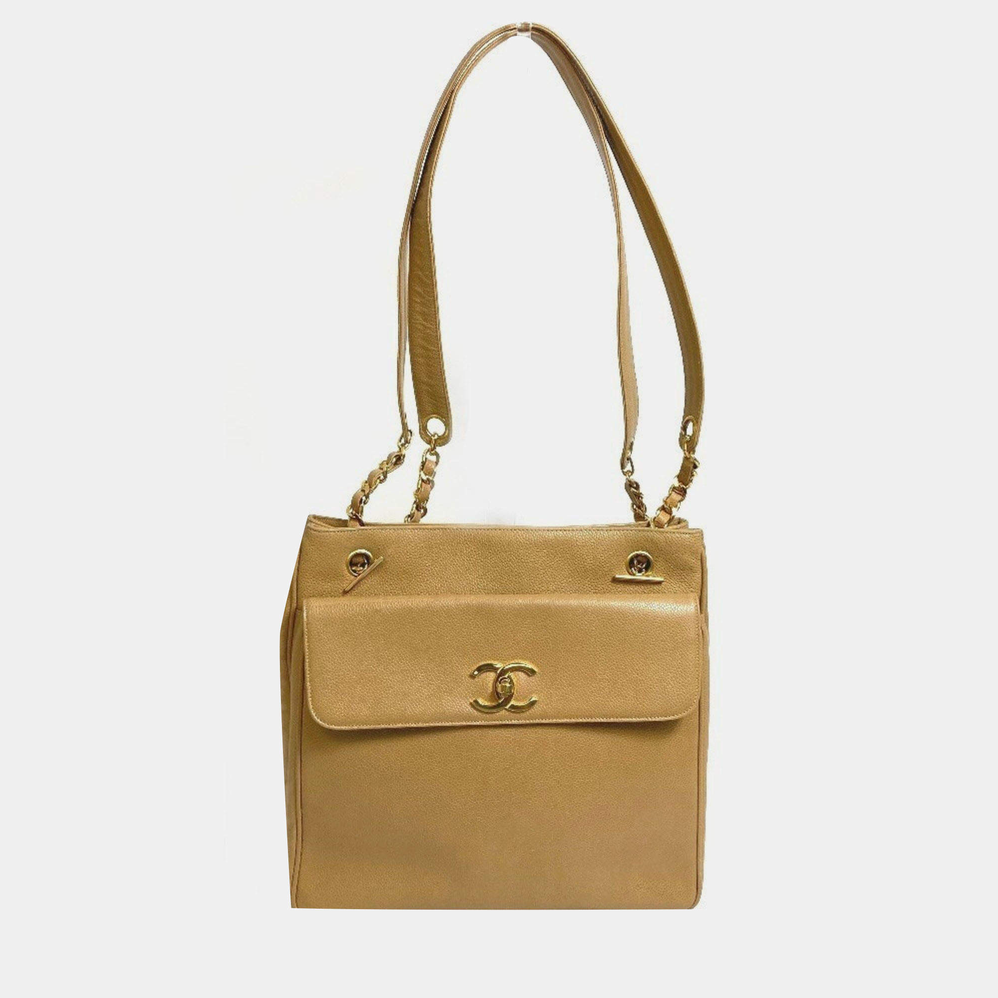 مملوكة مسبقًا Chanel Cc Coco Mark Chain Tote Bag Shoulder Caviar Skin Beige