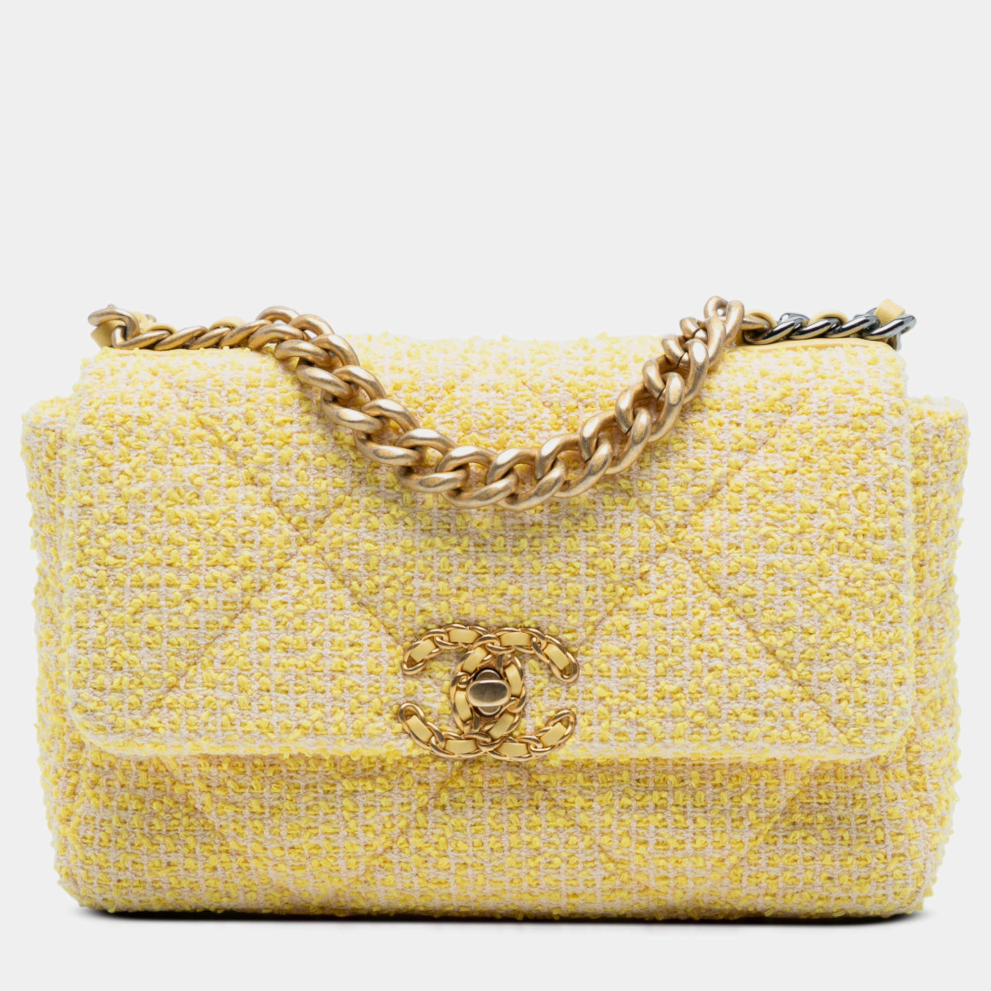 Pre Owned شنطة شانيل تويد أصفر متوسط الحجم 19 فلاب