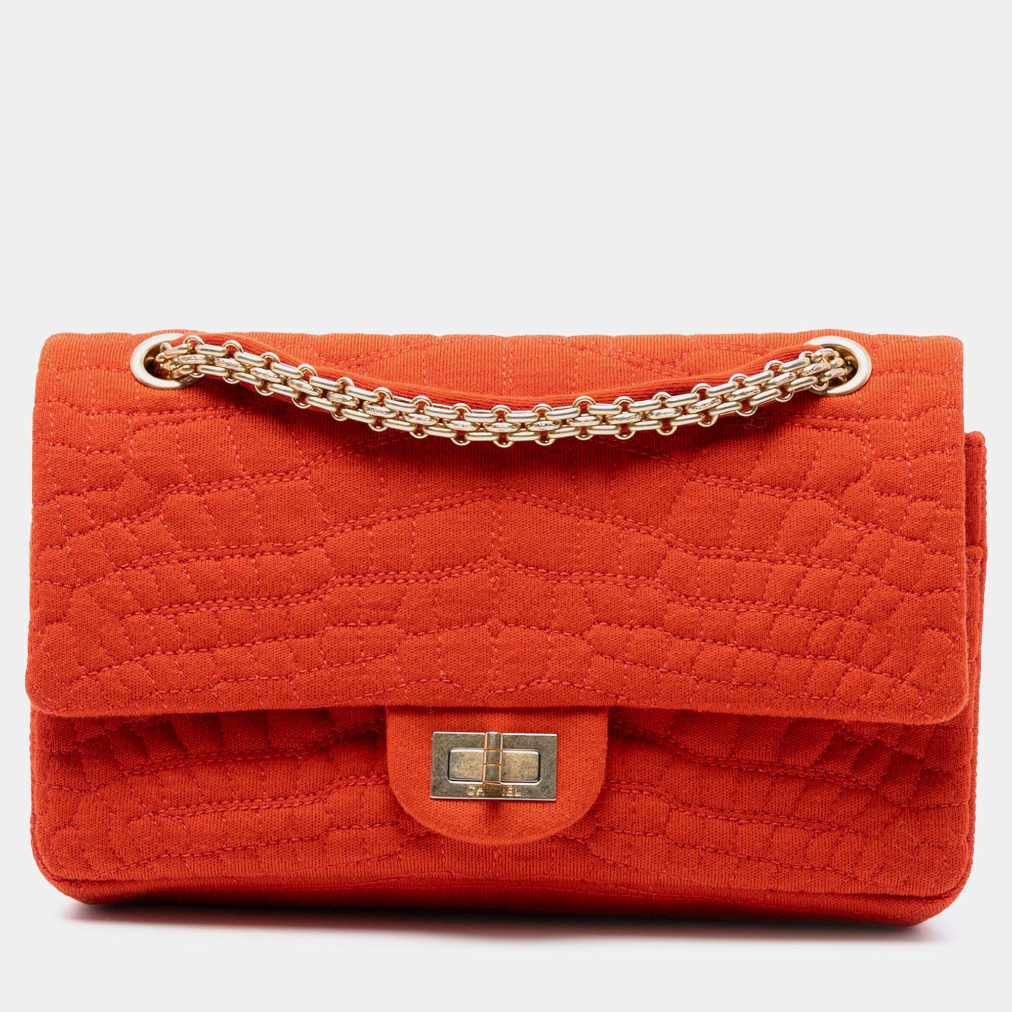 Pre Owned Chanel Orange Reissue 2.55 Quilted Jersey Coco Croc Double Flap 225
