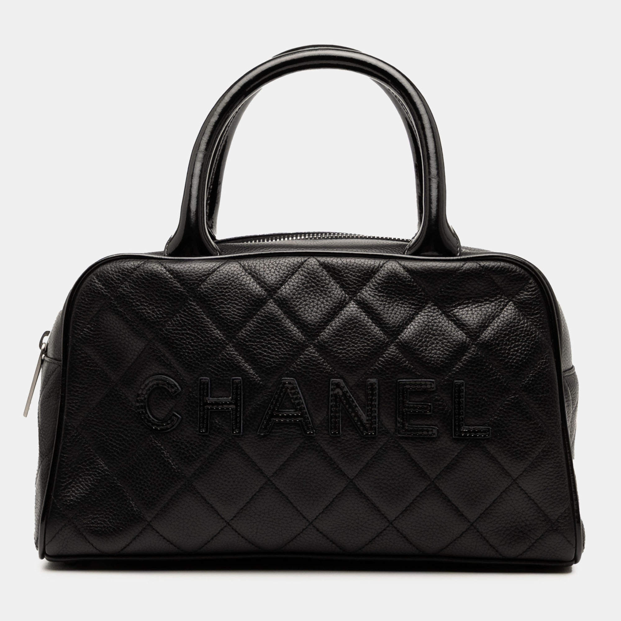 Pre Owned Chanel Black Quilted Calfskin Logo Bowler Bag