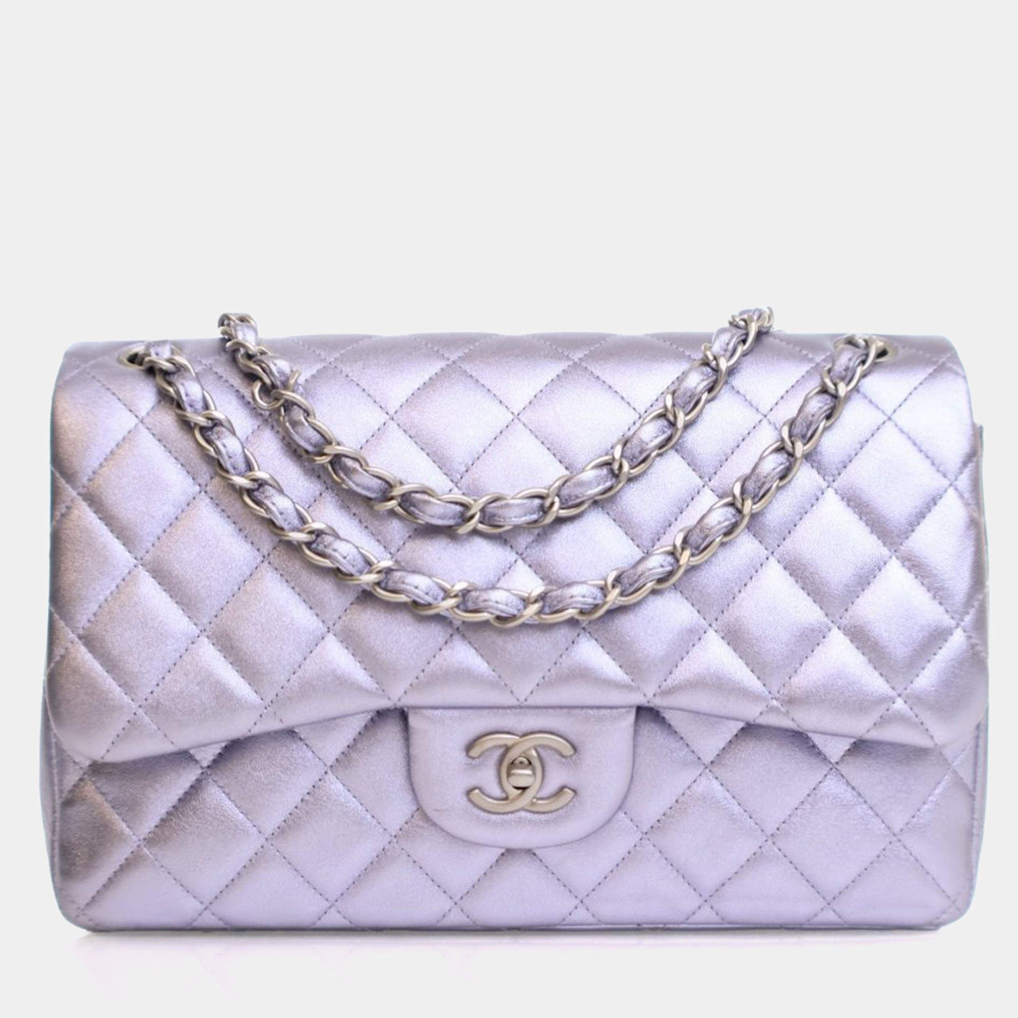 Pre Owned Chanel Jumbo Purple Lambskin Classic Double Flap Bag