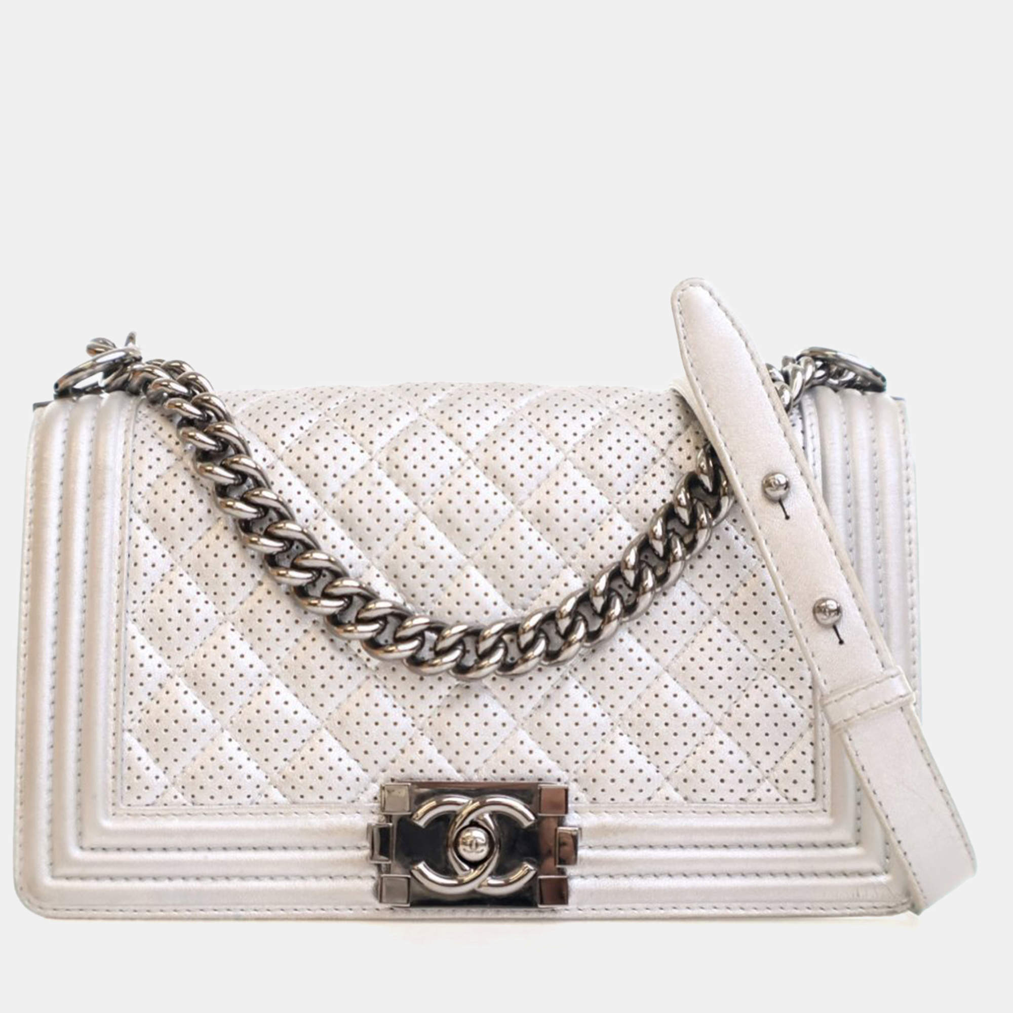 Pre Owned Chanel Medium Silver Lambskin Perforated Boy Bag