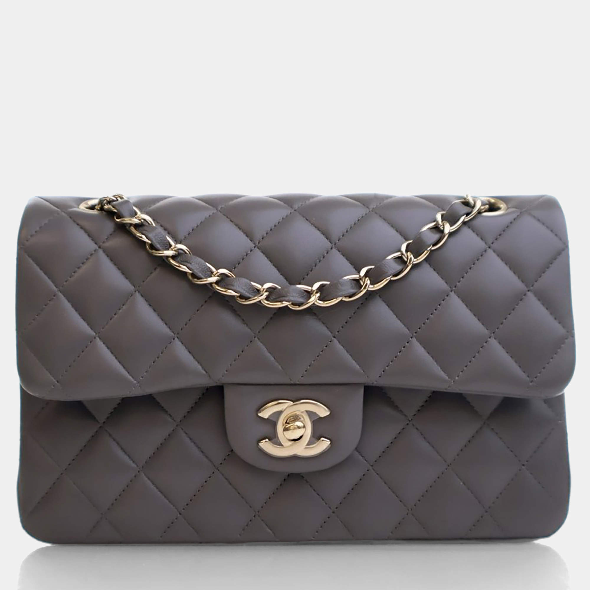 Pre Owned Chanel Small Grey Lambskin Classic Double Flap Bag