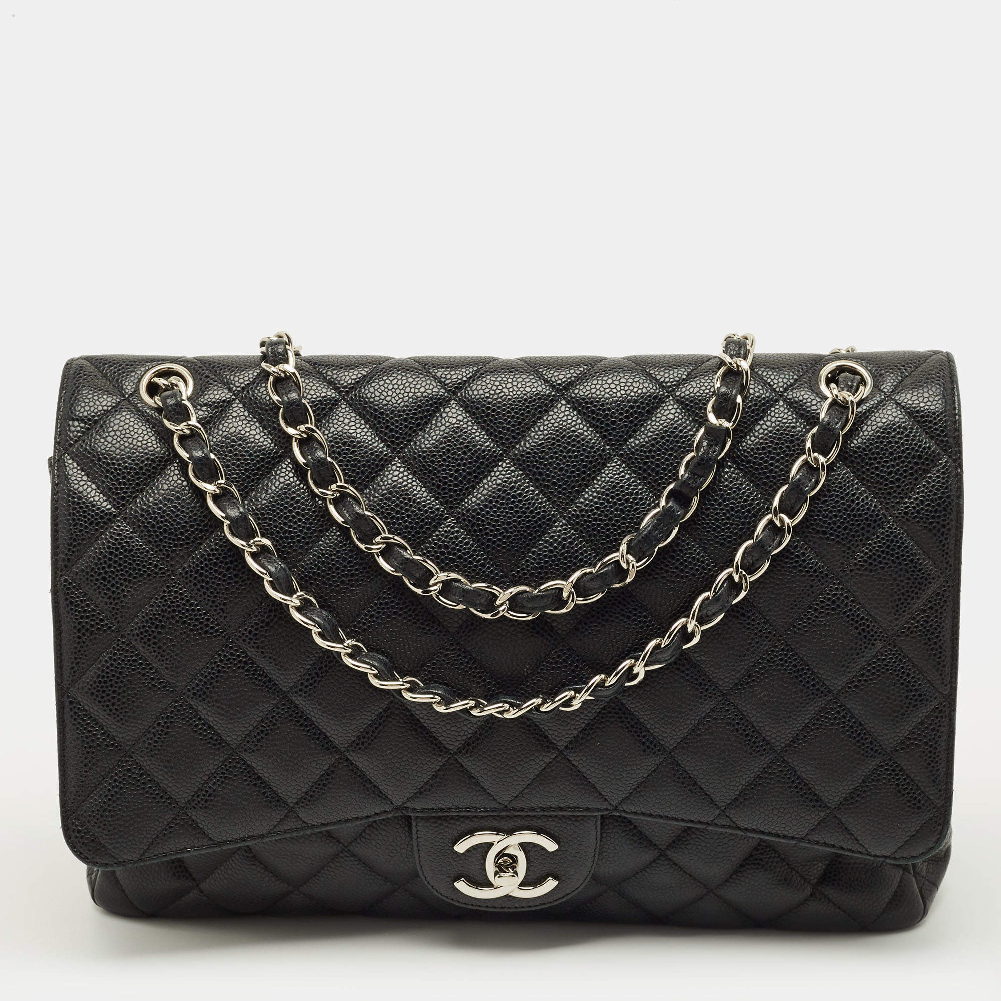Pre Owned Chanel Classic Maxi Black Quilted Caviar Leather Double Flap Bag