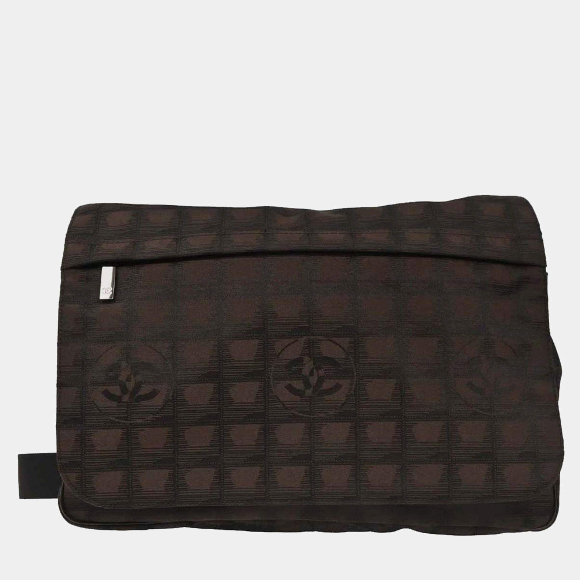Pre Owned Chanel Brown Jacquard Nylon Travel Line Shoulder Bag