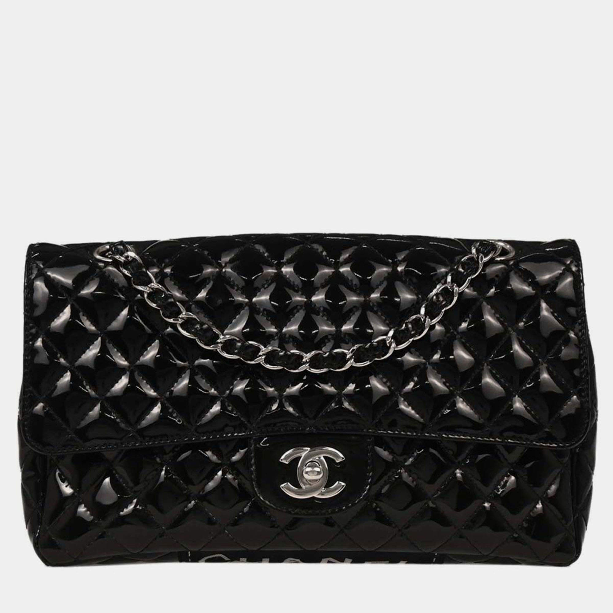 Pre Owned حقيبة كتف جلد لامع أسود شانيل بوابة مفردة بشعار سري