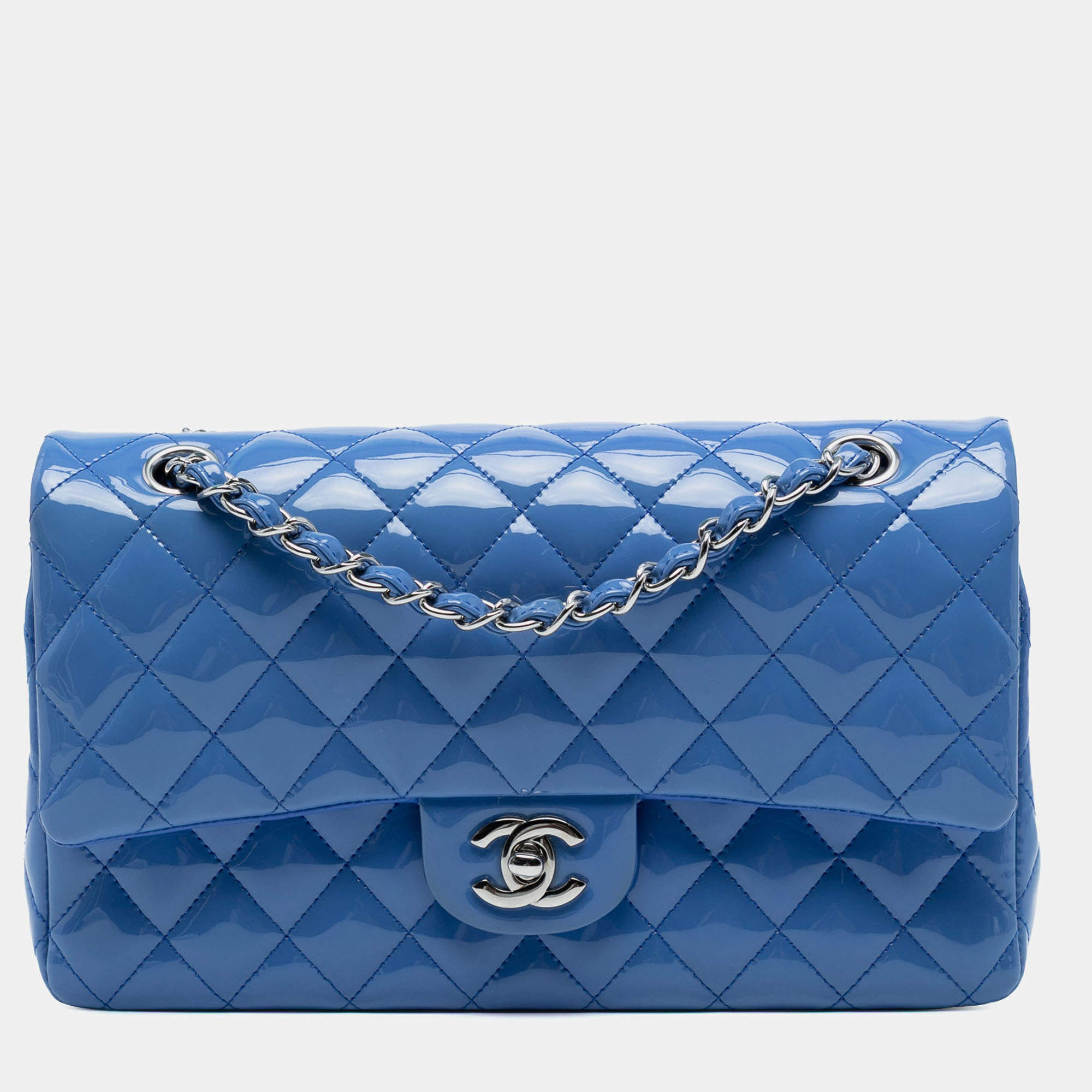 Pre Owned Chanel Blue Medium Classic Patent Double Flap