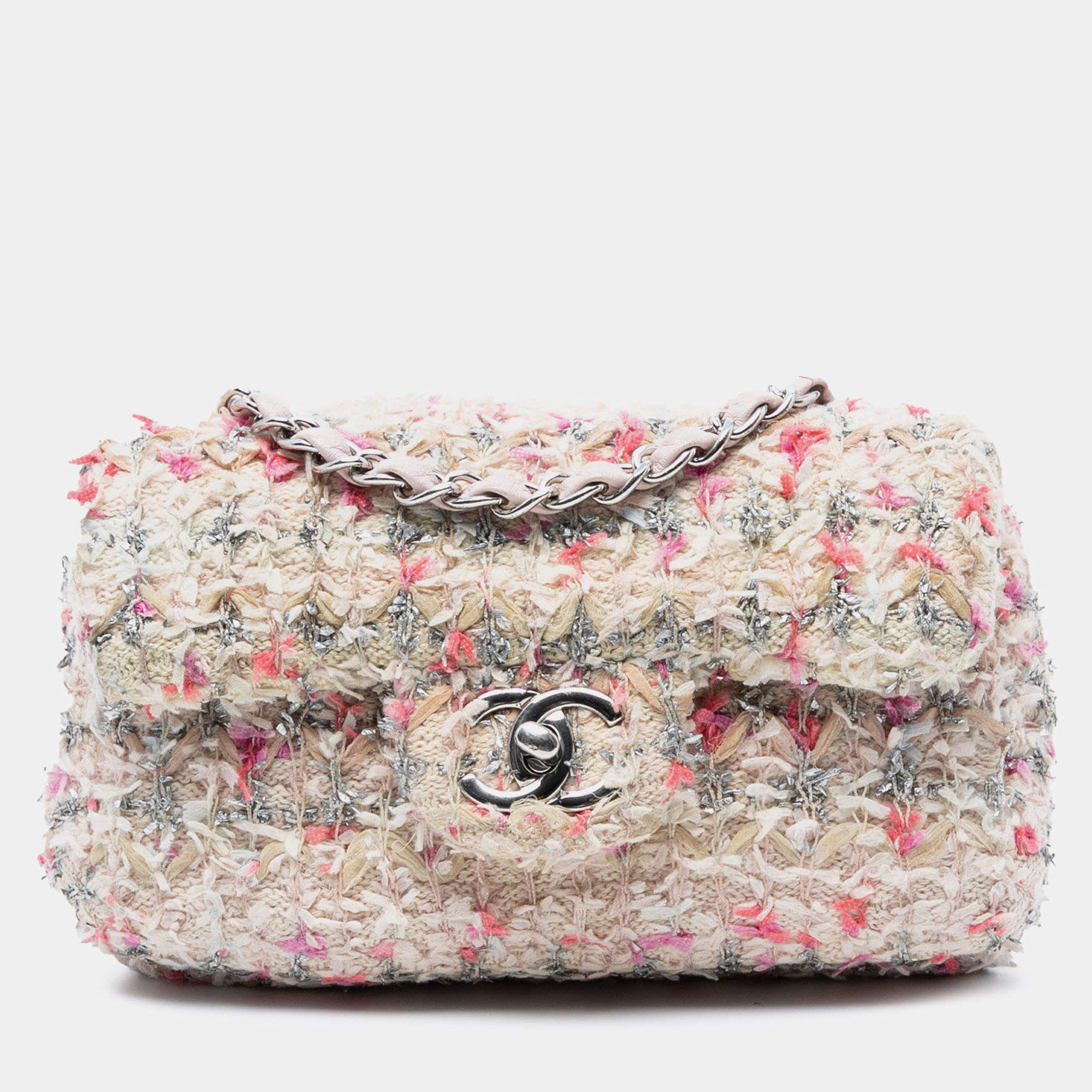 Pre Owned Chanel Pink Mini Rectangular Classic Tweed Single Flap