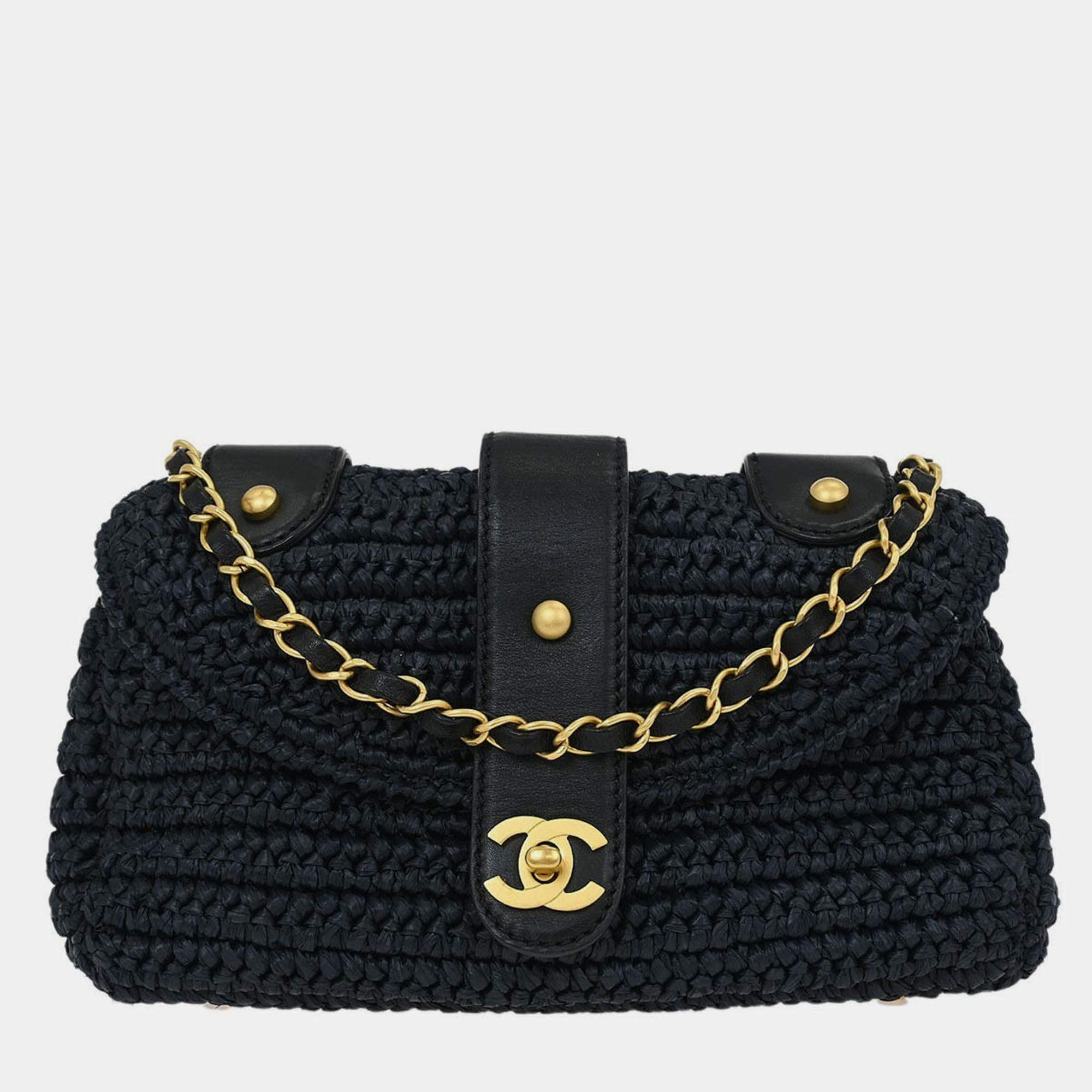 Pre Owned Chanel Black Straw Shoulder Bag