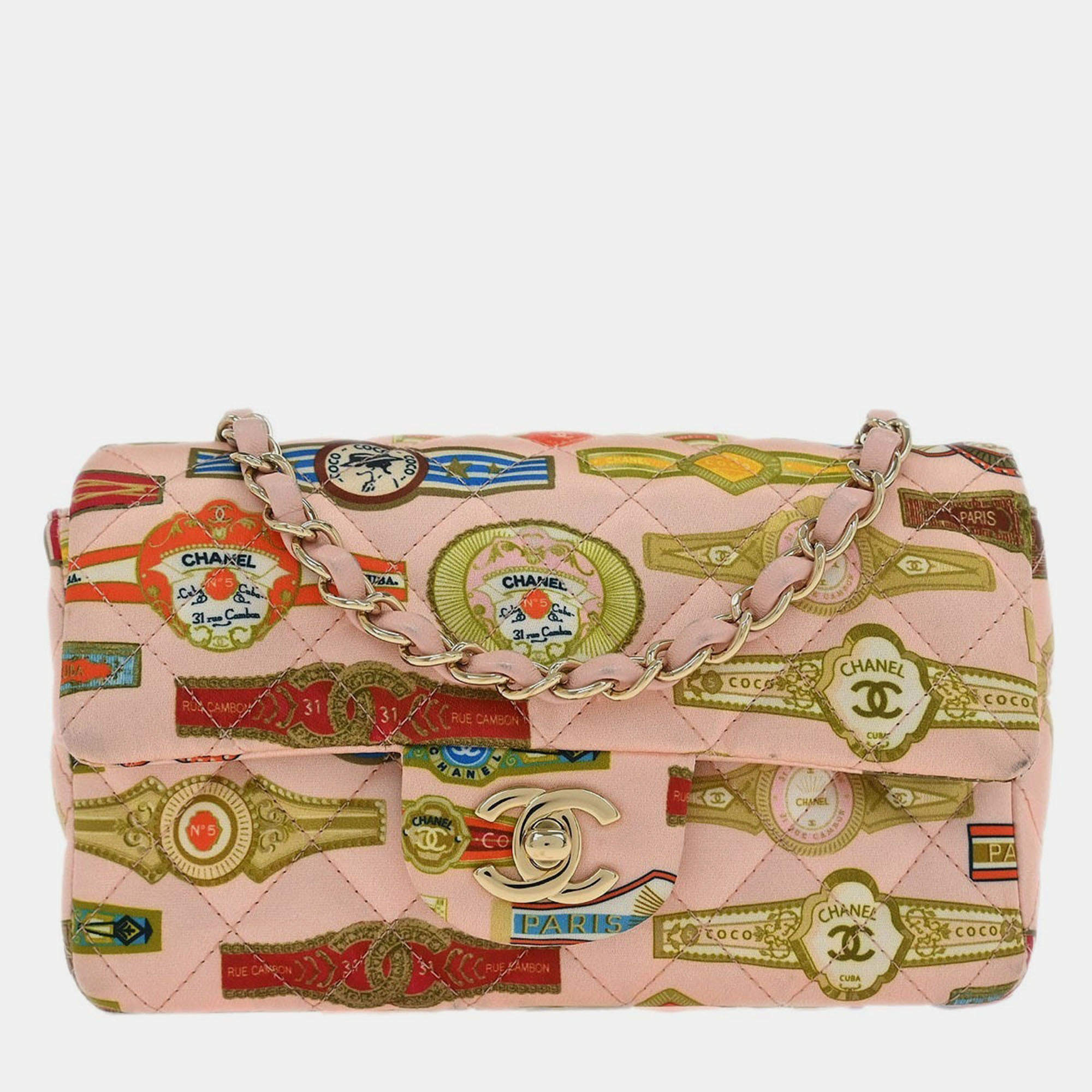Pre Owned Chanel Pink Satin Cuba Cigare Print Shoulder Bag