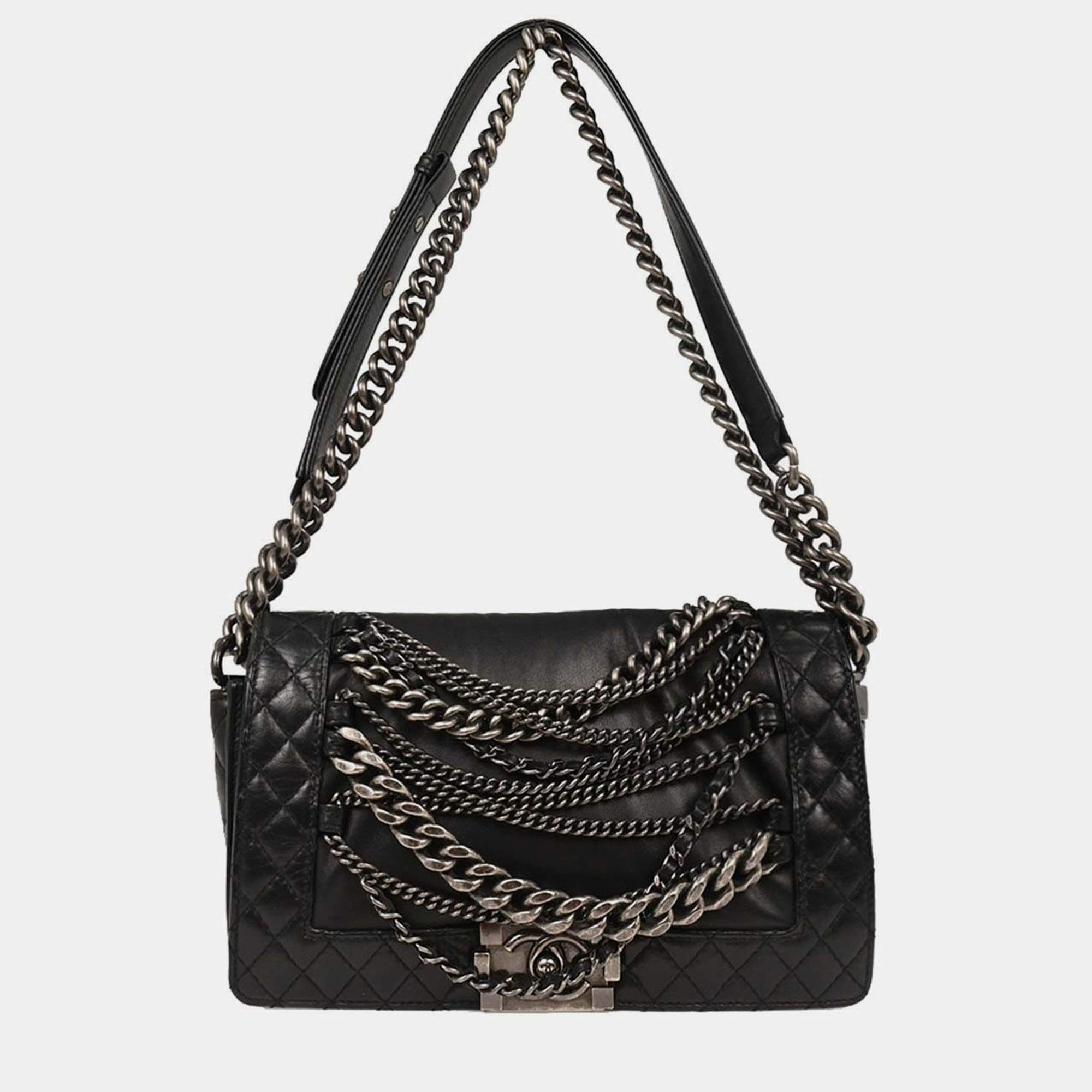 Pre Owned Boy Chanel Black Lambskin Medium Shoulder Bag