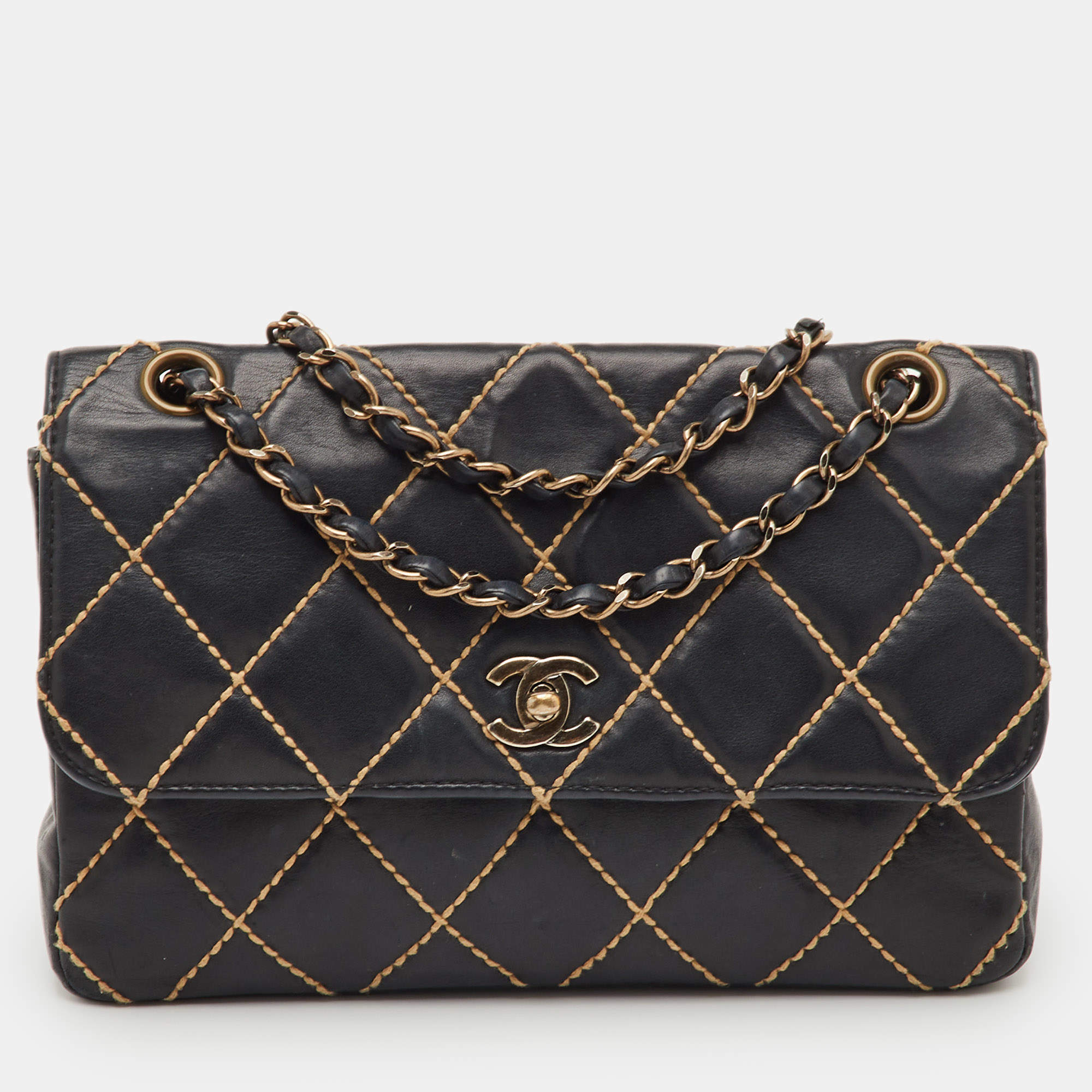 Pre Owned Chanel Black Wild Stitch Surpique Quilted Leather Bag