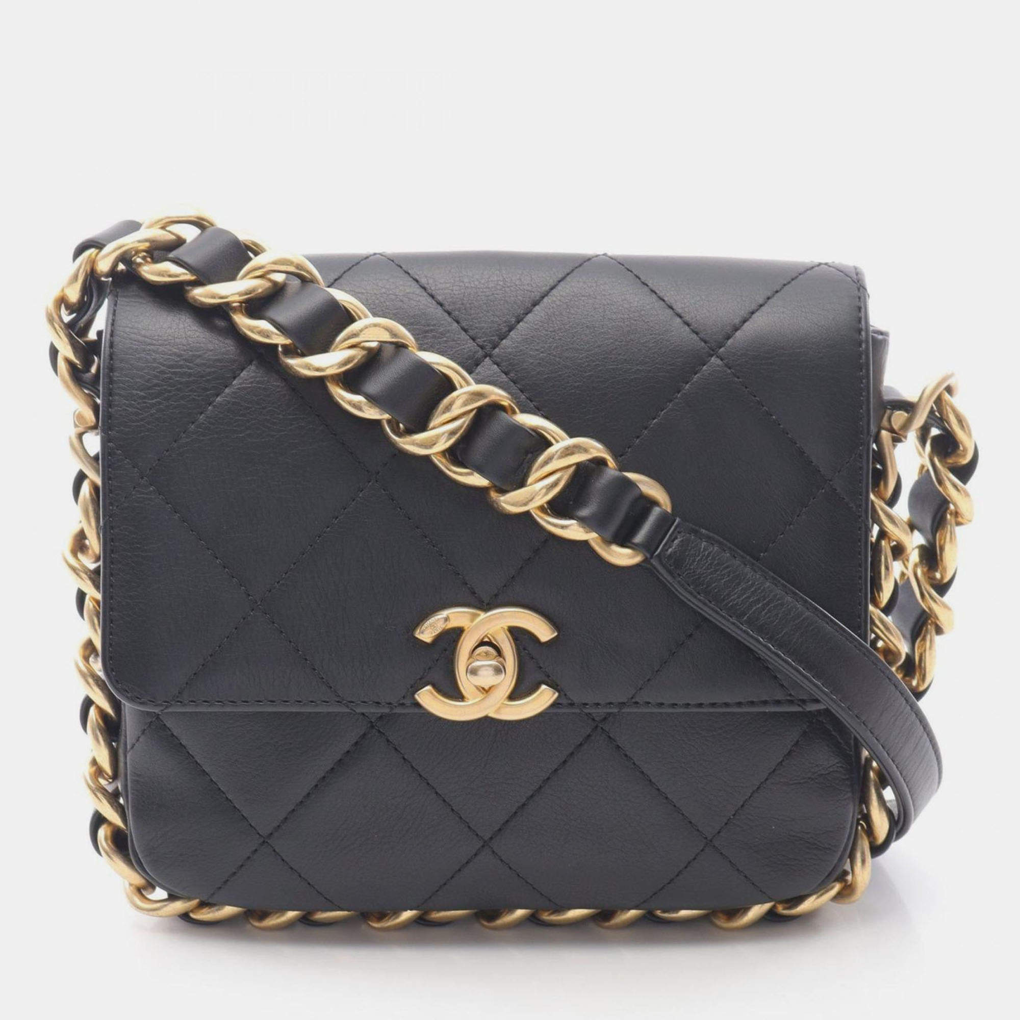 Pre Owned Chanel Matelasse Small Flap Shoulder Bag In Lambskin Leather Black