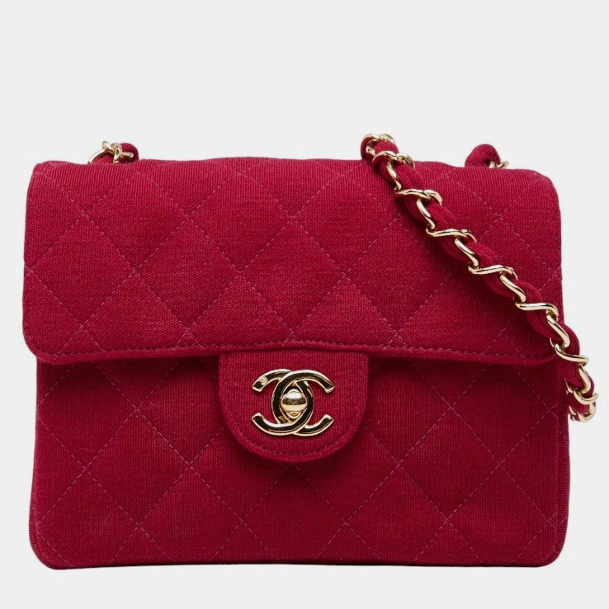Pre Owned Chanel Coco Mark Mini Matelasse 17 Chain Shoulder Bag Red Cotton