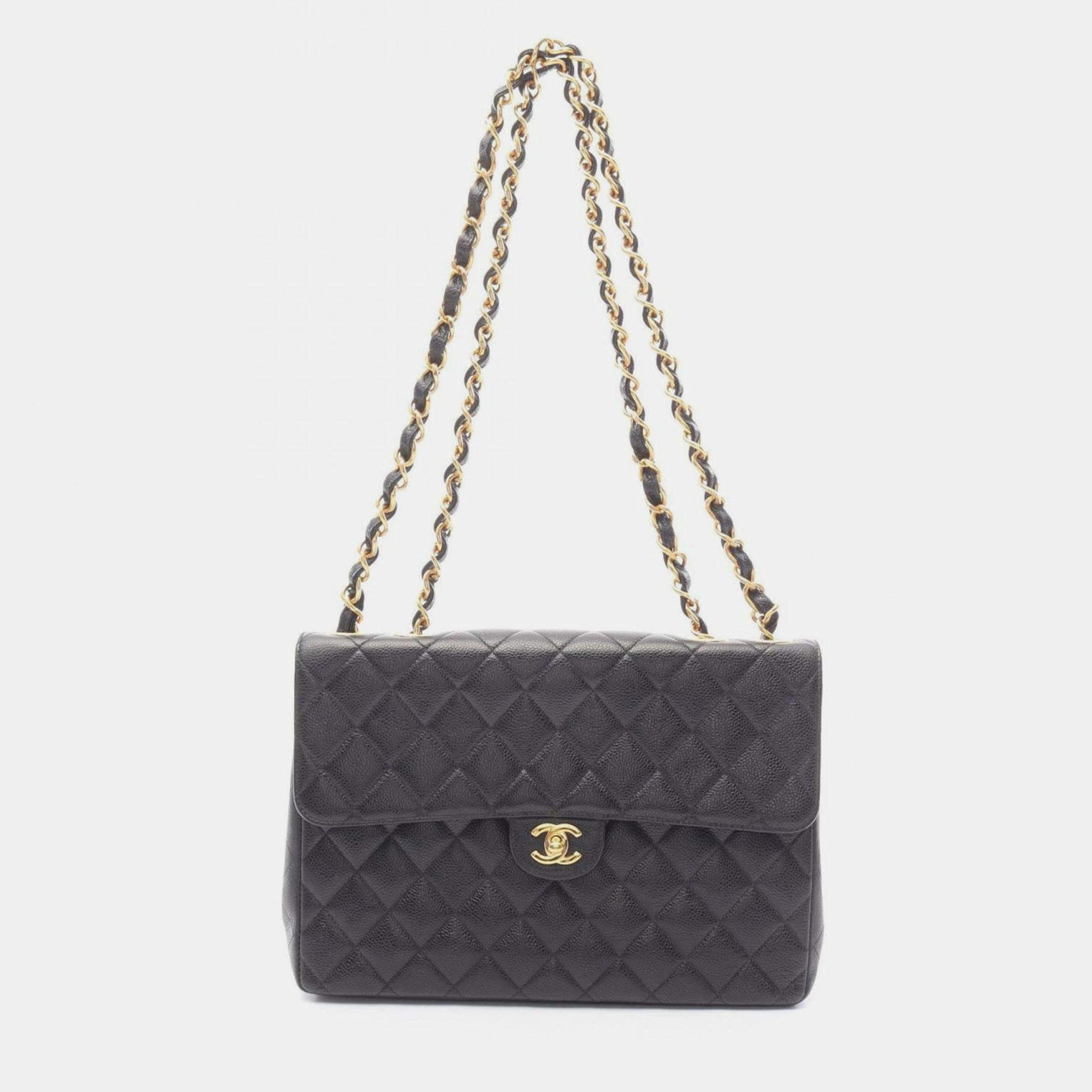 Pre Owned Chanel Deca Matelasse 30 Single Flap Shoulder Bag In Grained Calfskin Leather Black