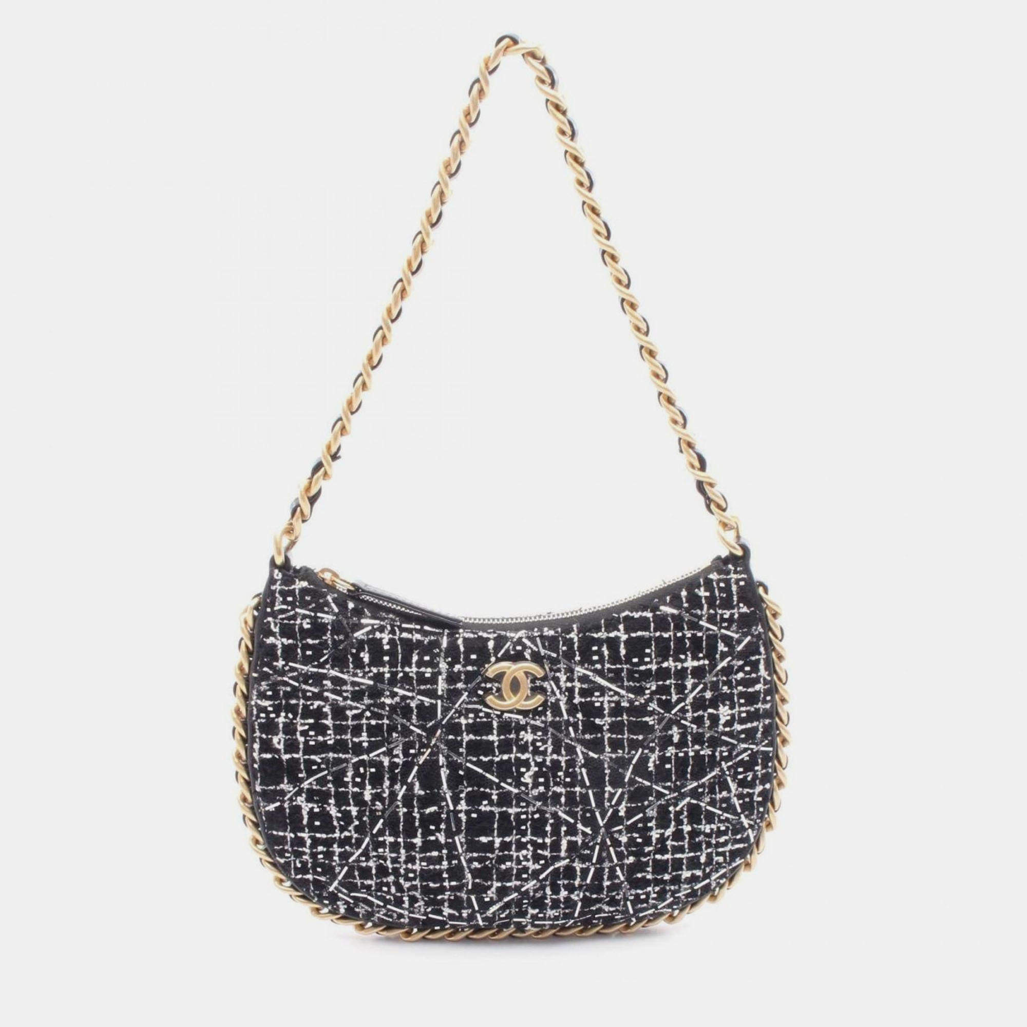 Pre Owned حقيبة كتف شانيل كوكو مارك قماش أسود/أبيض