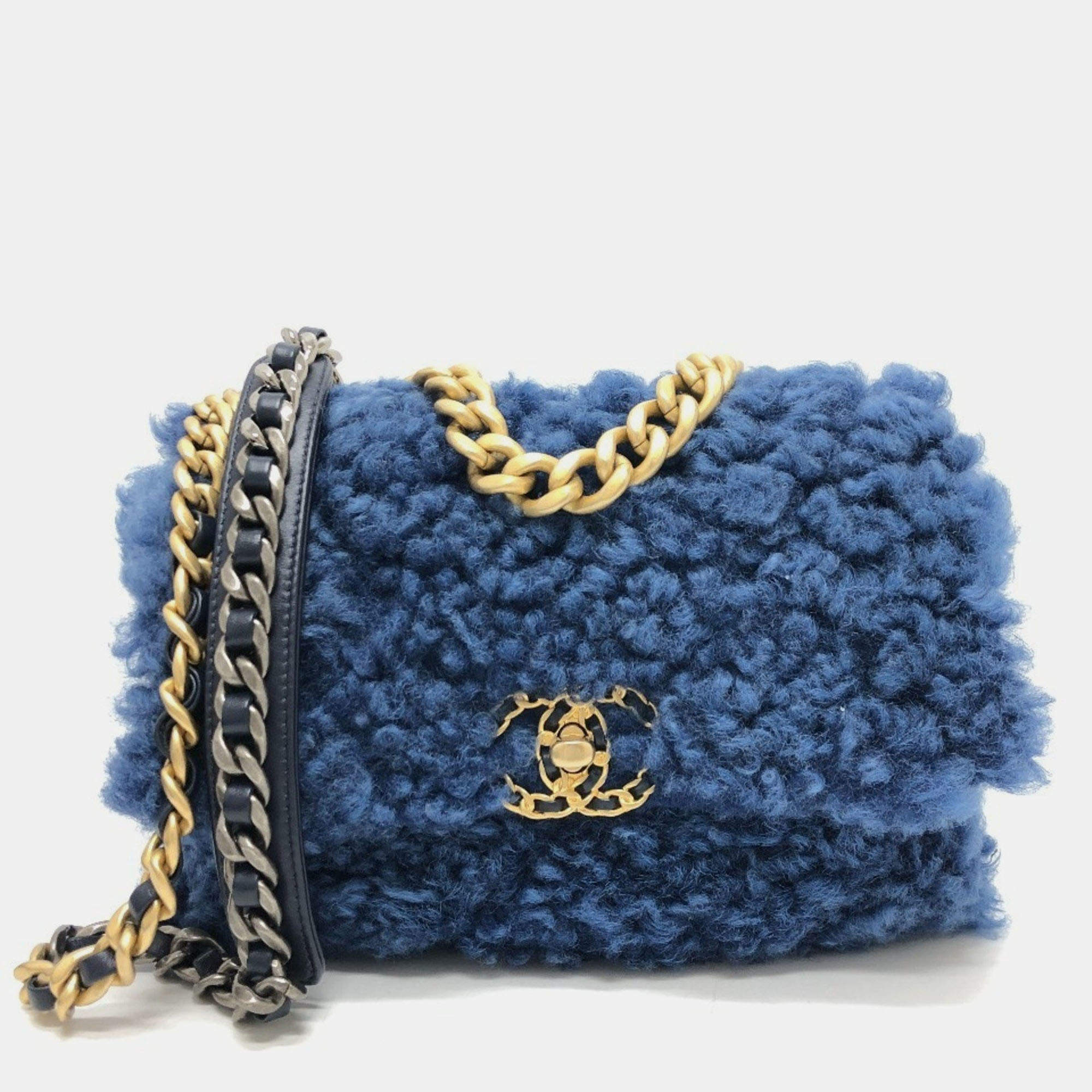 Pre Owned Chanel Mouton Matelasse Chanel19 2-Tone Chain Shoulder Handbag Mouton Women'S Blue