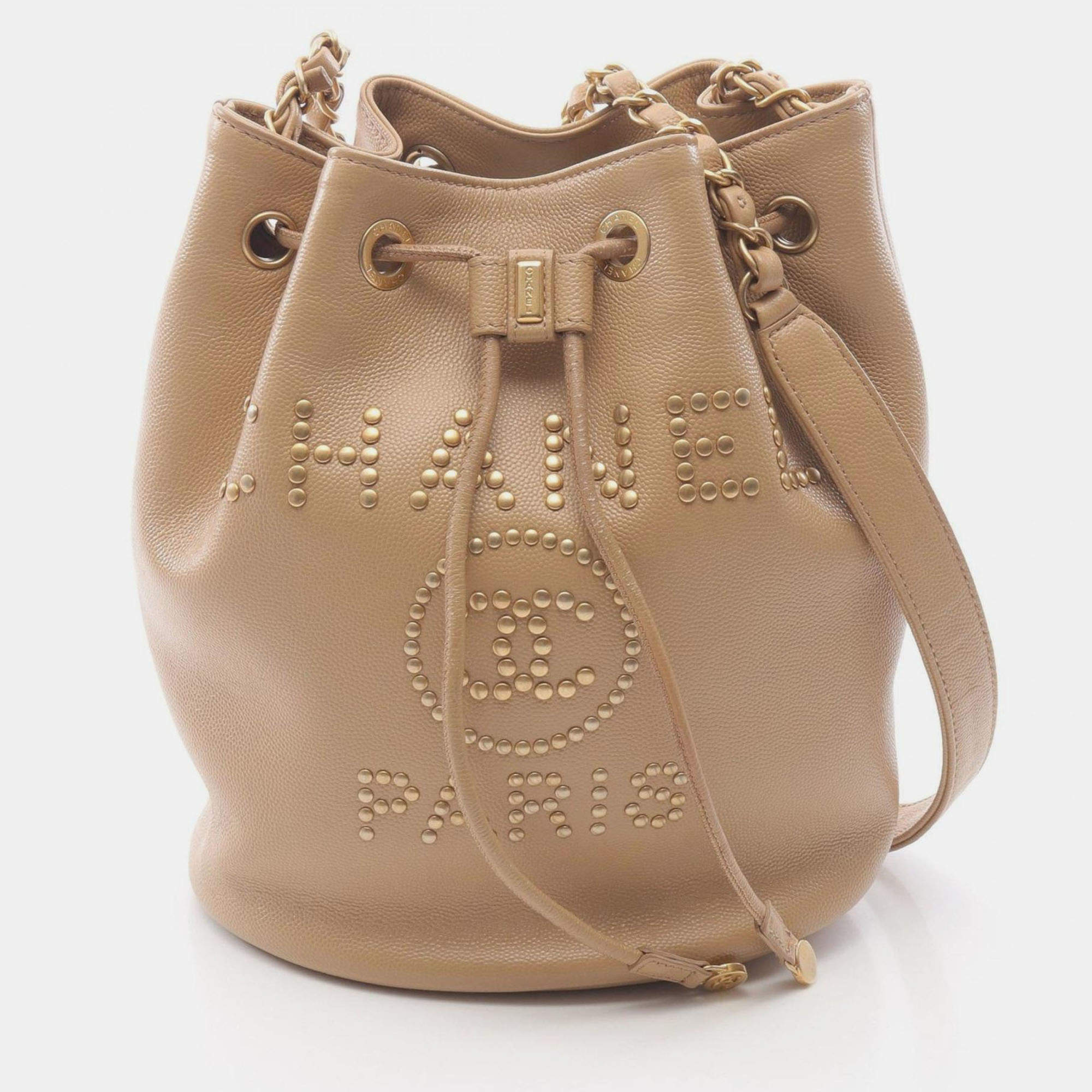 Pre Owned Chanel Deauville Shoulder Bag In Calfskin Leather Beige