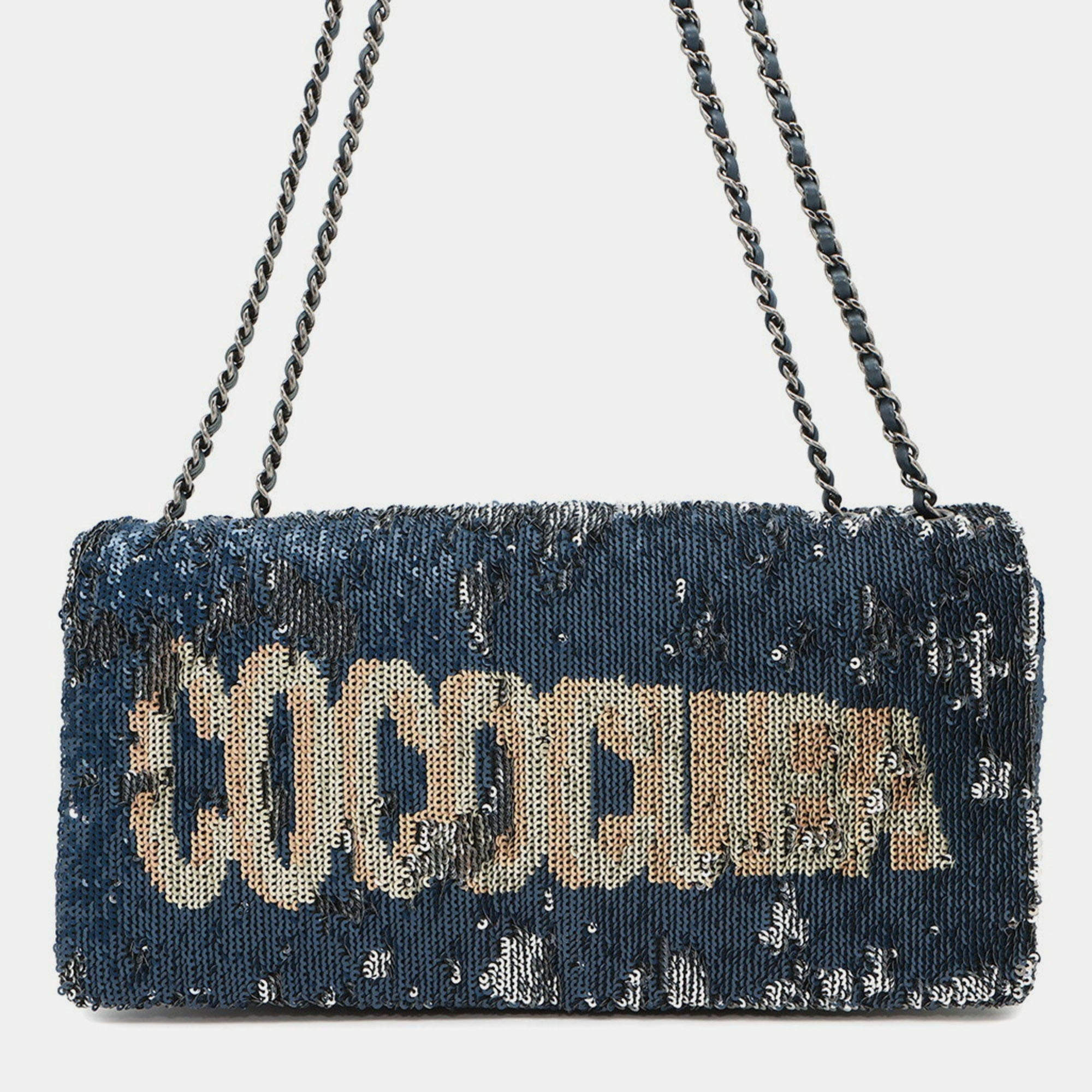 مملوكة مسبقًا Chanel Chain Shoulder Bag Coco Cuba Sequin Leather Navy Blue,