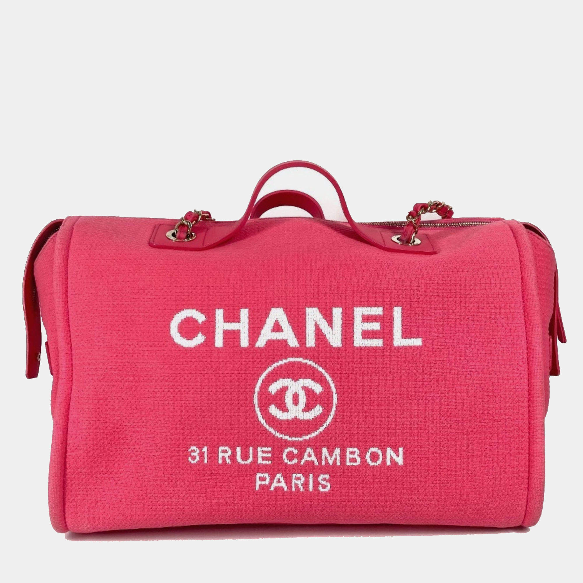 Pre Owned Chanel Cc Coco Mark Logo Deauville Boston Bag 2Way Handbag W Chain Shoulder Canvas Pink