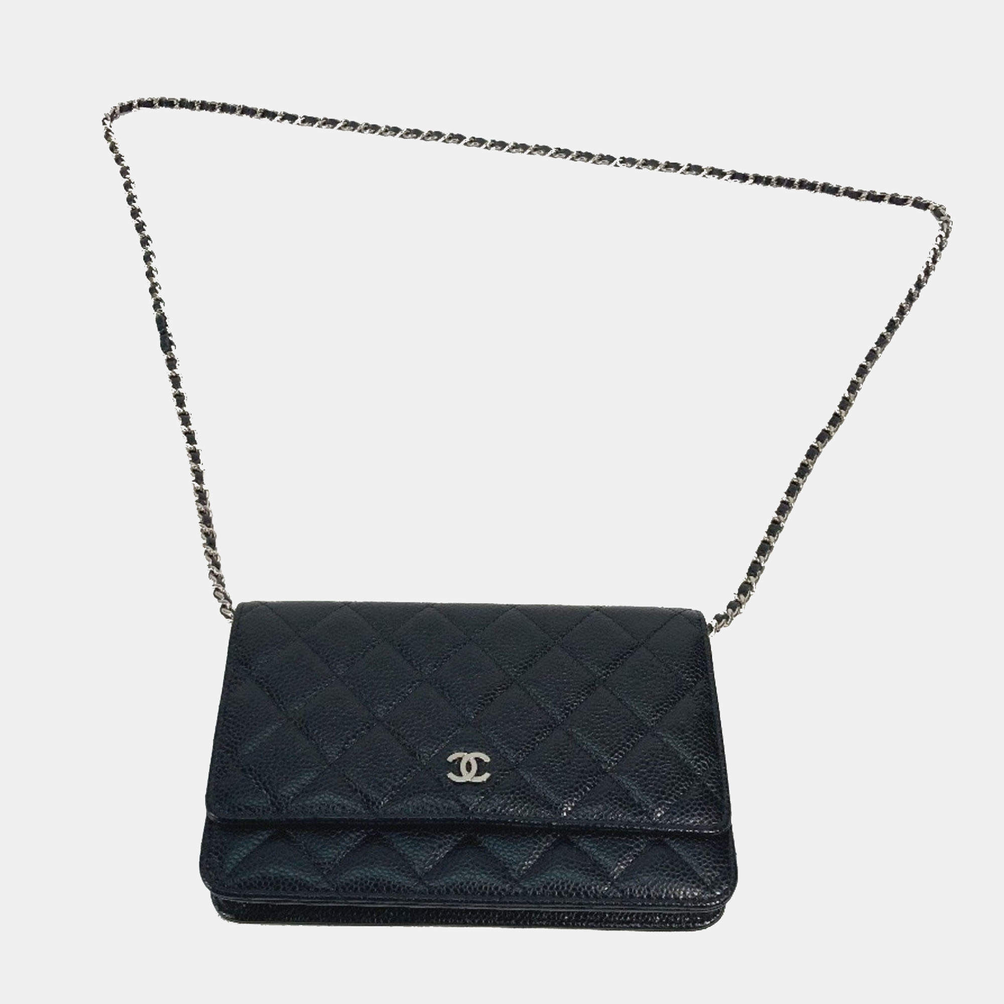 مملوكة مسبقًا Chanel  Quilted Cc Matelasse Coco Mark Chain Wallet Shoulder Bag Long Caviar Skin Black