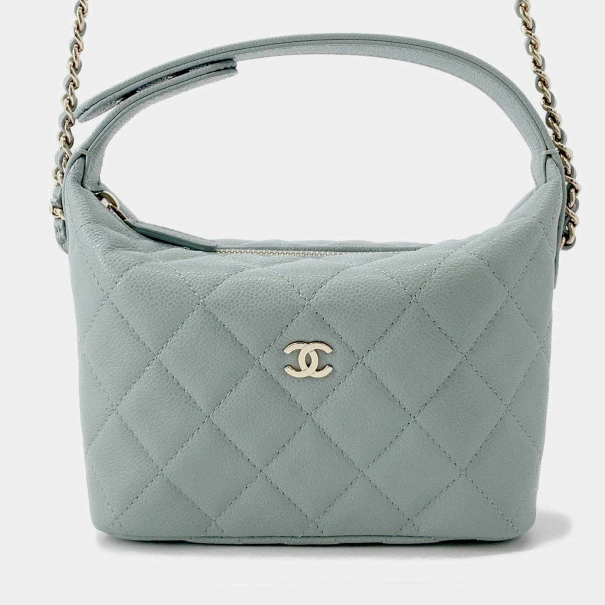Pre Owned Chanel Matelasse Coco Mark Chain Hobo Bag In Caviar Skin Mint Blue