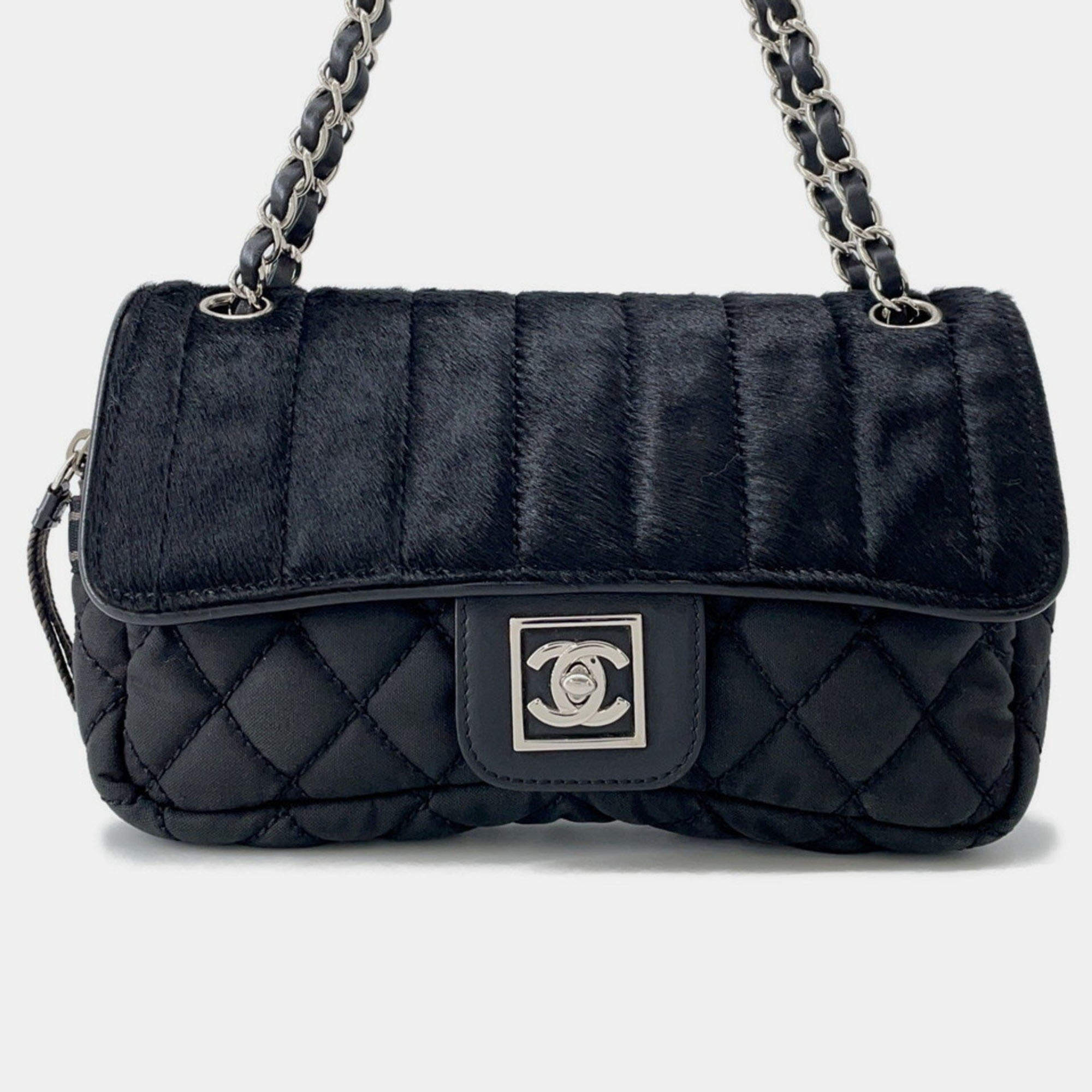 Pre Owned Chanel Chain Shoulder Bag Matelasse Coco Mark Sport Line Single Flap Porcelain Canvas Black