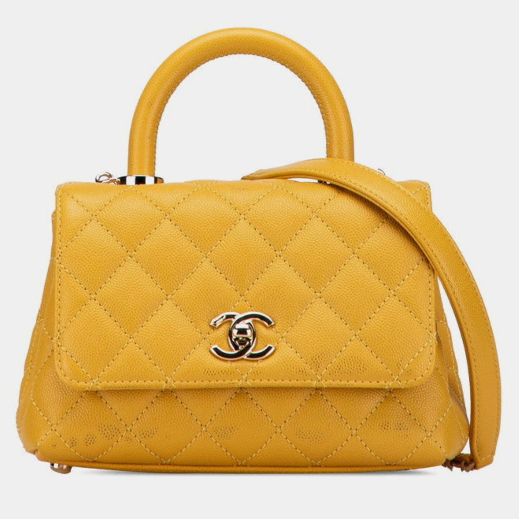 Pre Owned Chanel Matelasse Coco Mark Handbag/Shoulder Bag Yellow Caviar Skin