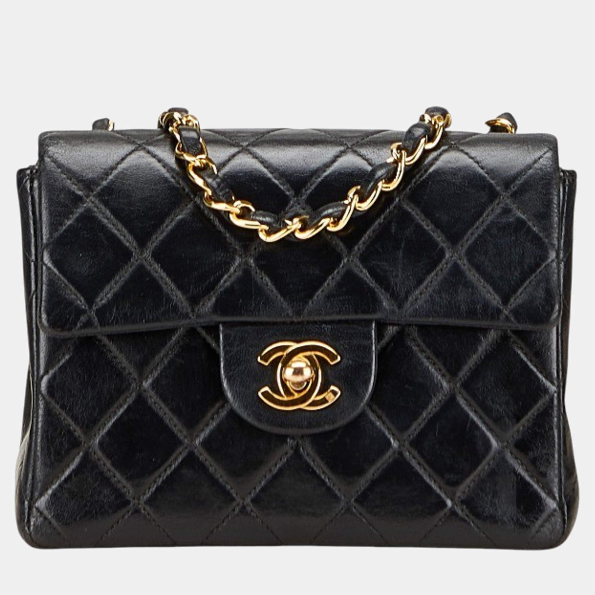 Pre Owned Chanel Mini Matelasse Coco Mark Chain Shoulder Bag In Black Lambskin