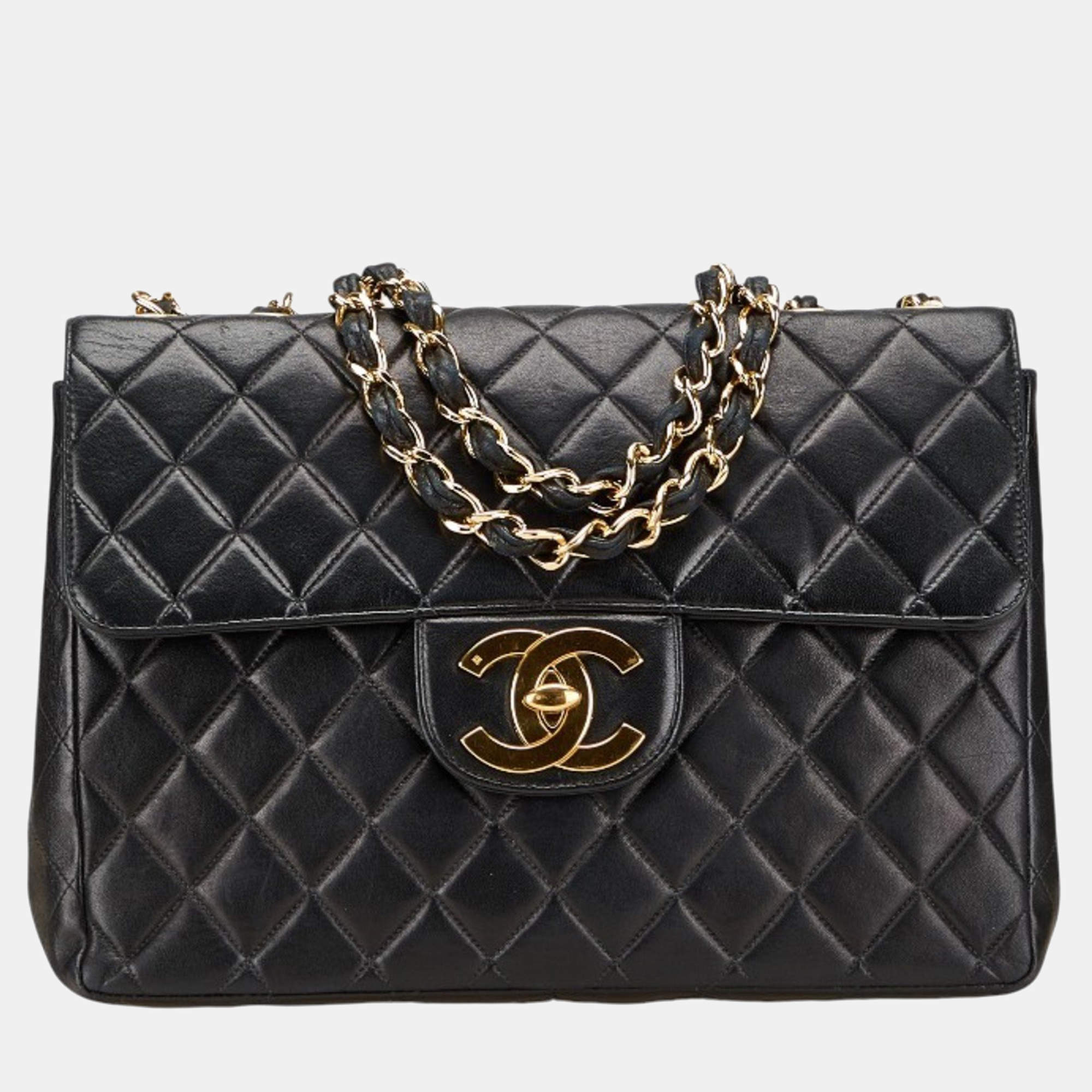 Pre Owned Chanel Matelasse 30 Coco Mark Chain Shoulder Bag Handbag Black Lambskin