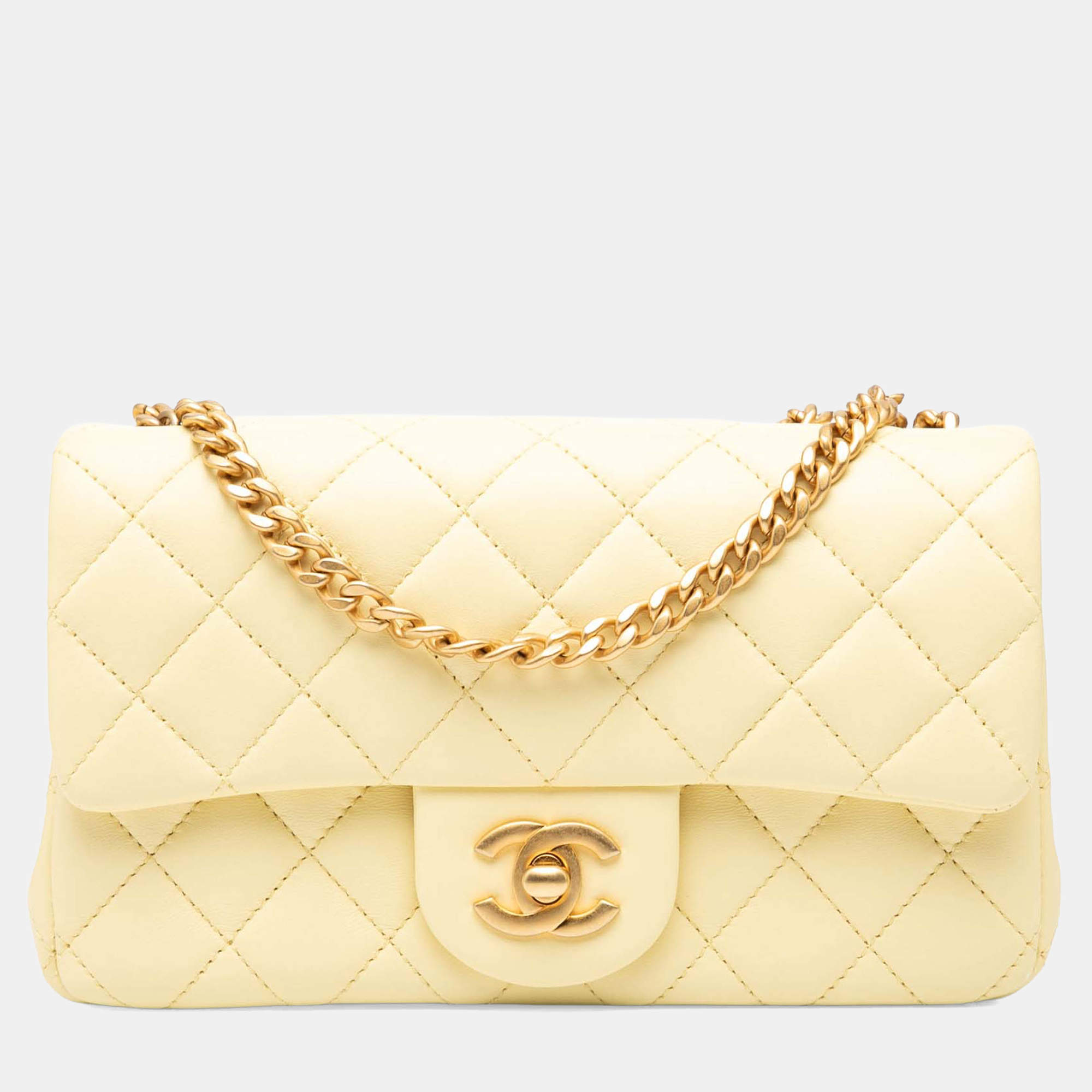 Pre Owned Chanel Yellow Mini Rectangular Classic Lambskin Sweet Camellia Flap