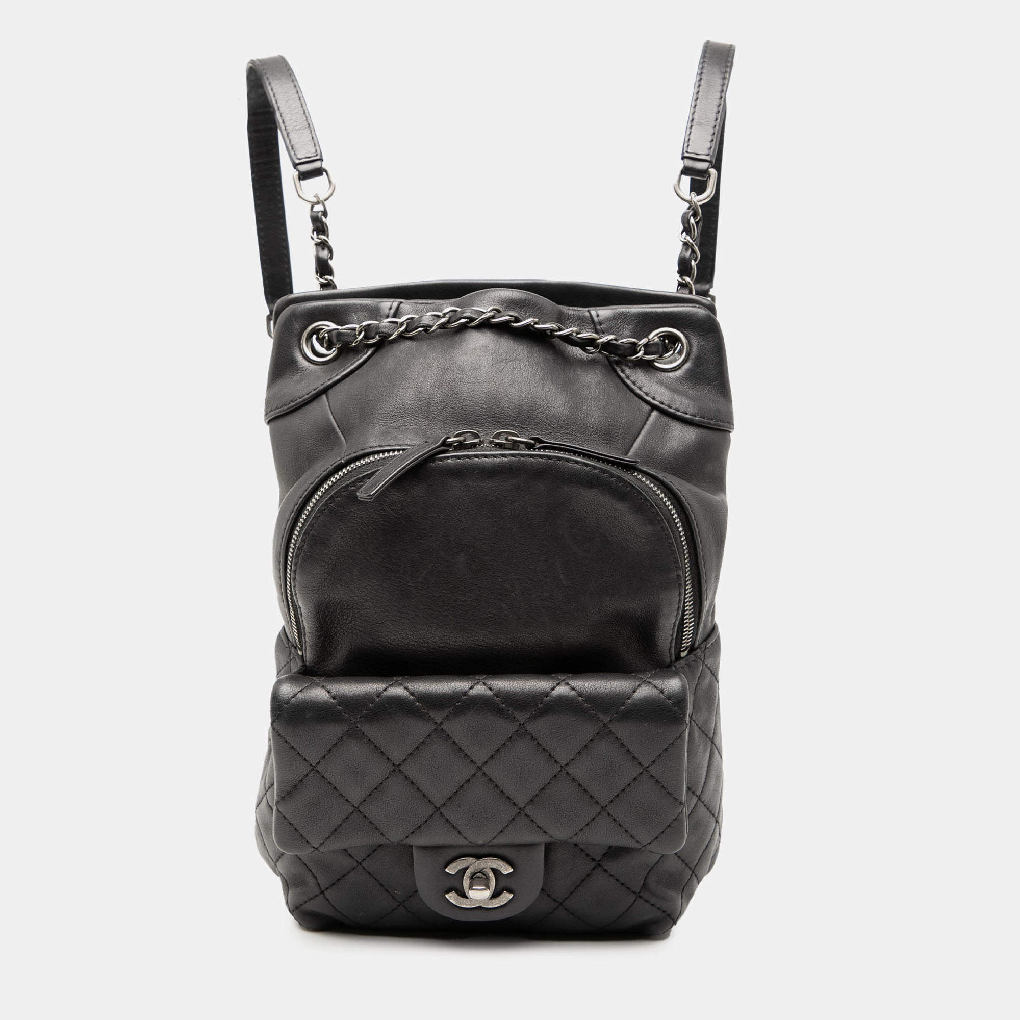 Pre Owned Chanel Black Small CC Calfskin Drawstring Flap Backpack