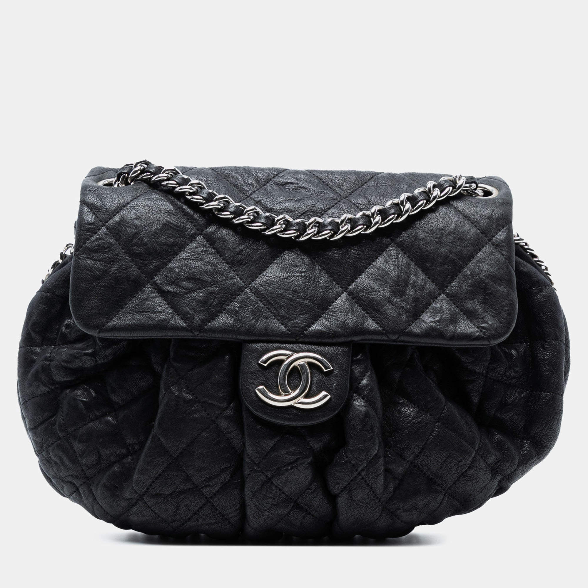 Pre Owned Chanel Black Medium Quilted Washed Lambskin Chain Around Messenger Bag