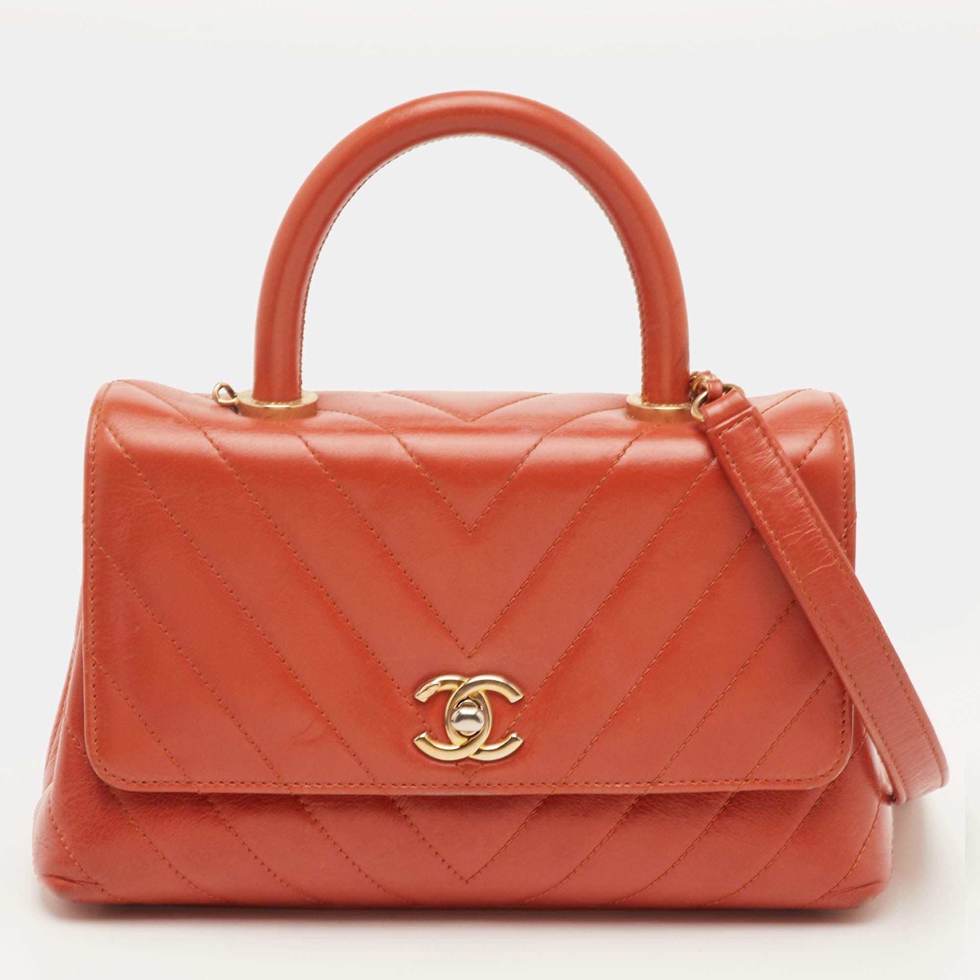 Pre Owned Chanel Mini Coco Orange Chevron Leather Top Handle Bag