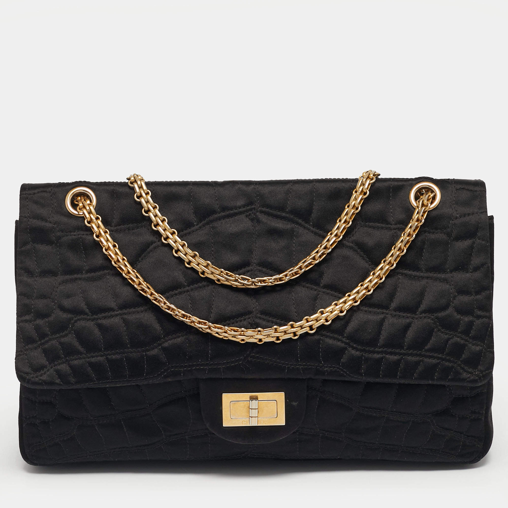 Pre Owned Chanel Reissue 2.55 227 Black Croc Effect Satin Flap Bag