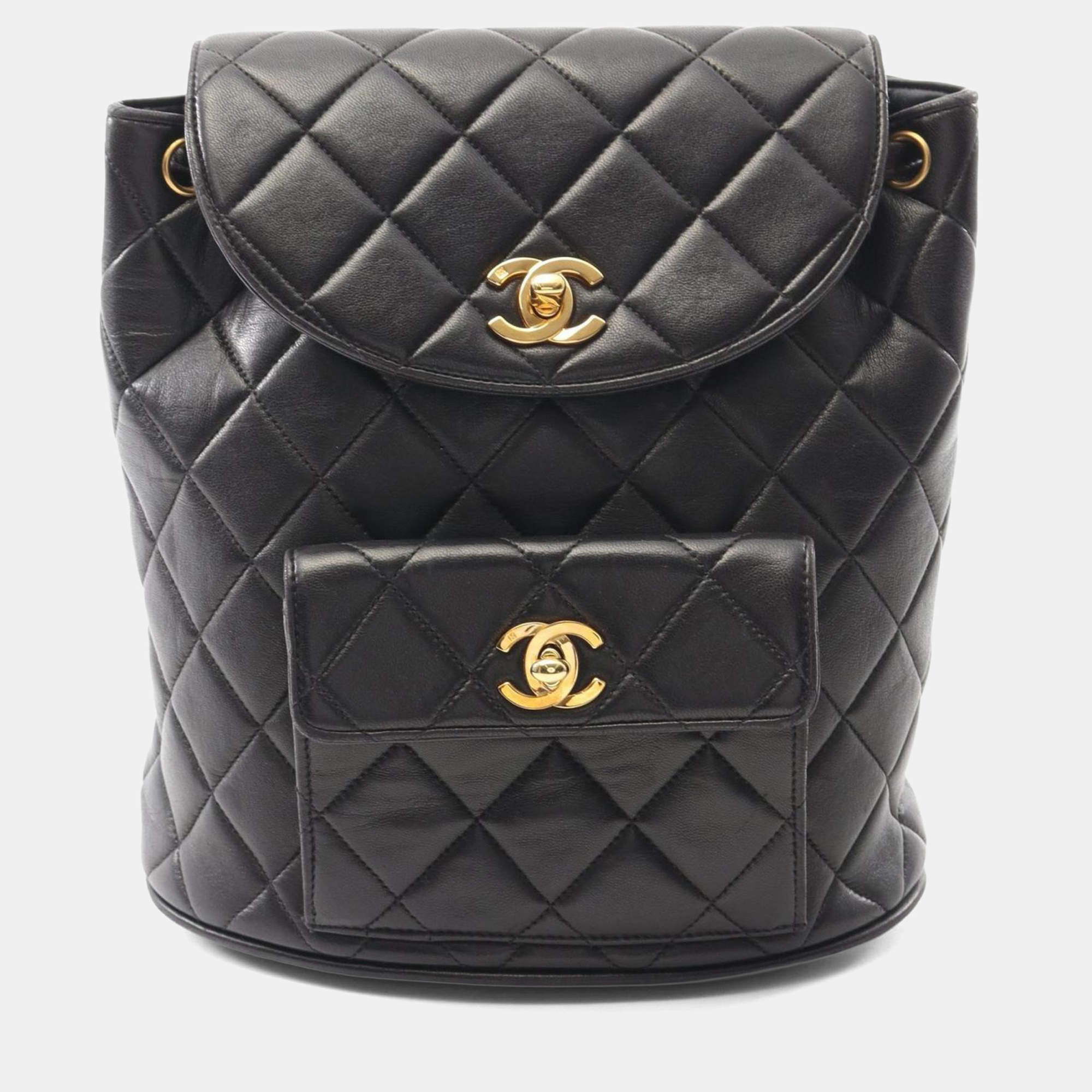 Pre Owned Chanel Matelasse Backpack Bag In Lambskin Leather Black