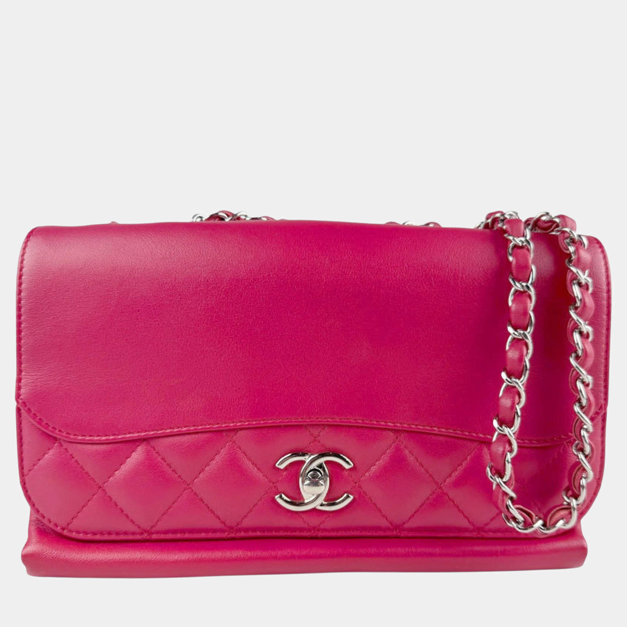 Pre Owned Chanel Shoulder Bag Leather Metal Pink Red Silver