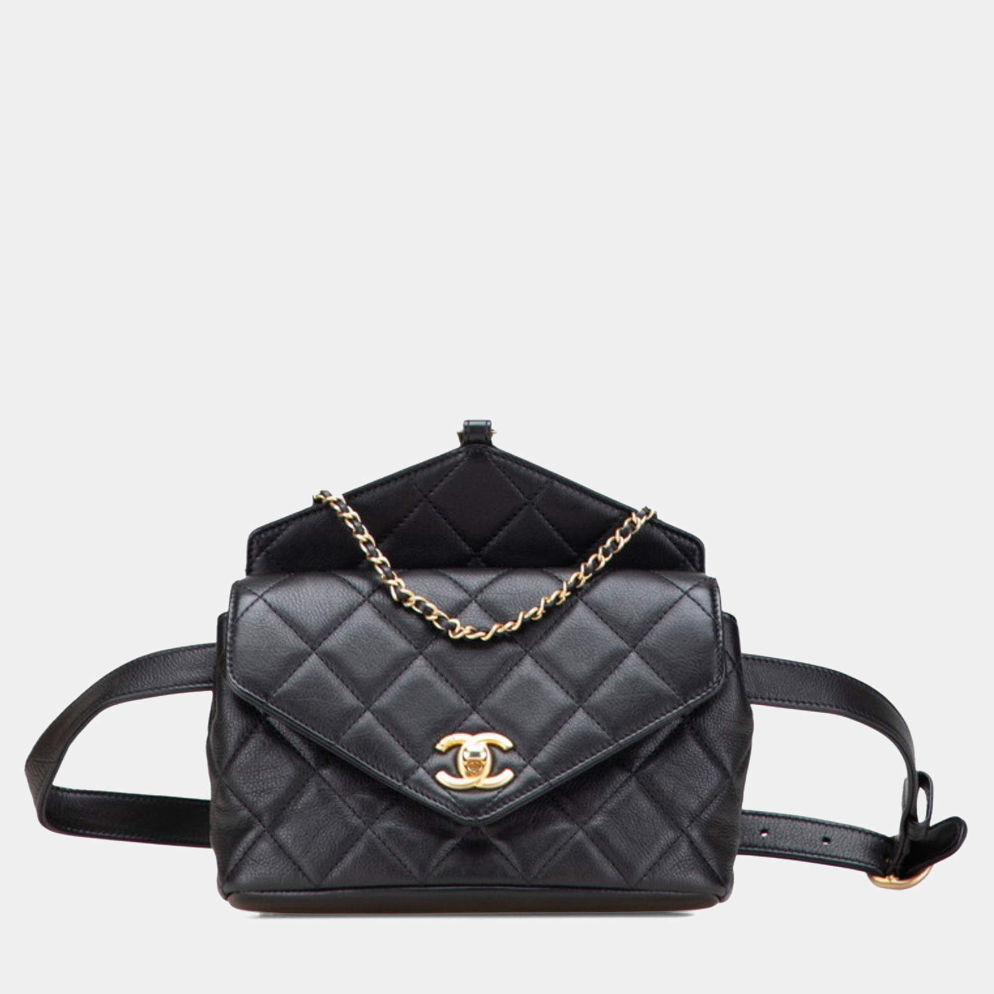 Pre Owned حقيبة حزام الخصر/الحقيبة/حقيبة اليد من شانيل كوكو مارك ماتلاسيه 2-واي باللون الأسود من جلد الحمل