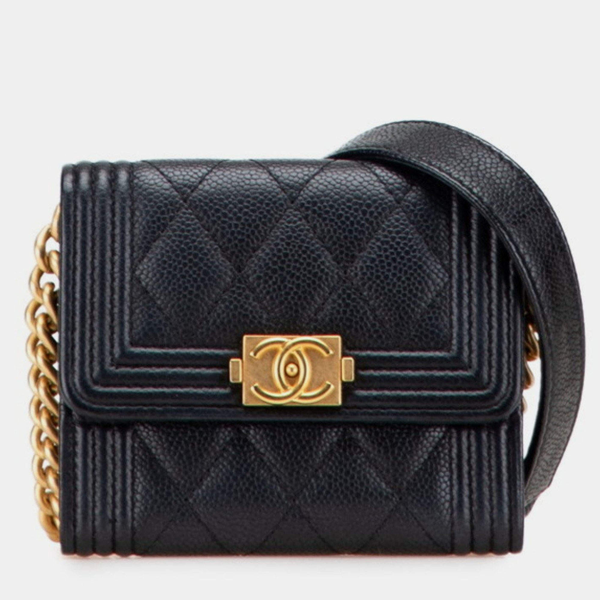 Pre Owned Chanel Matelasse Boy Chanel Coco Mark Chain Shoulder Wallet In Black Caviar Skin