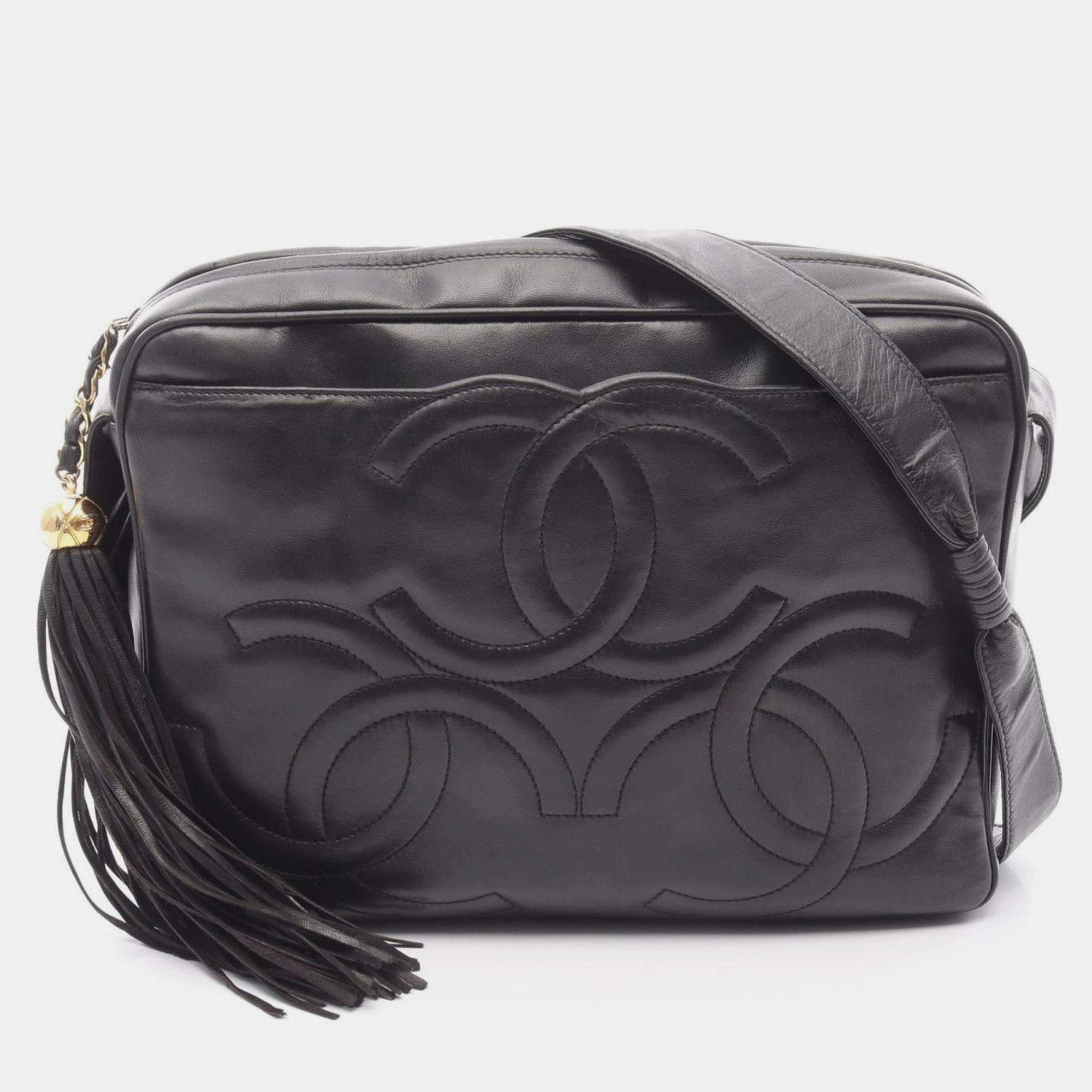 Pre Owned Chanel Triple Coco Mark Shoulder Bag Leather Black