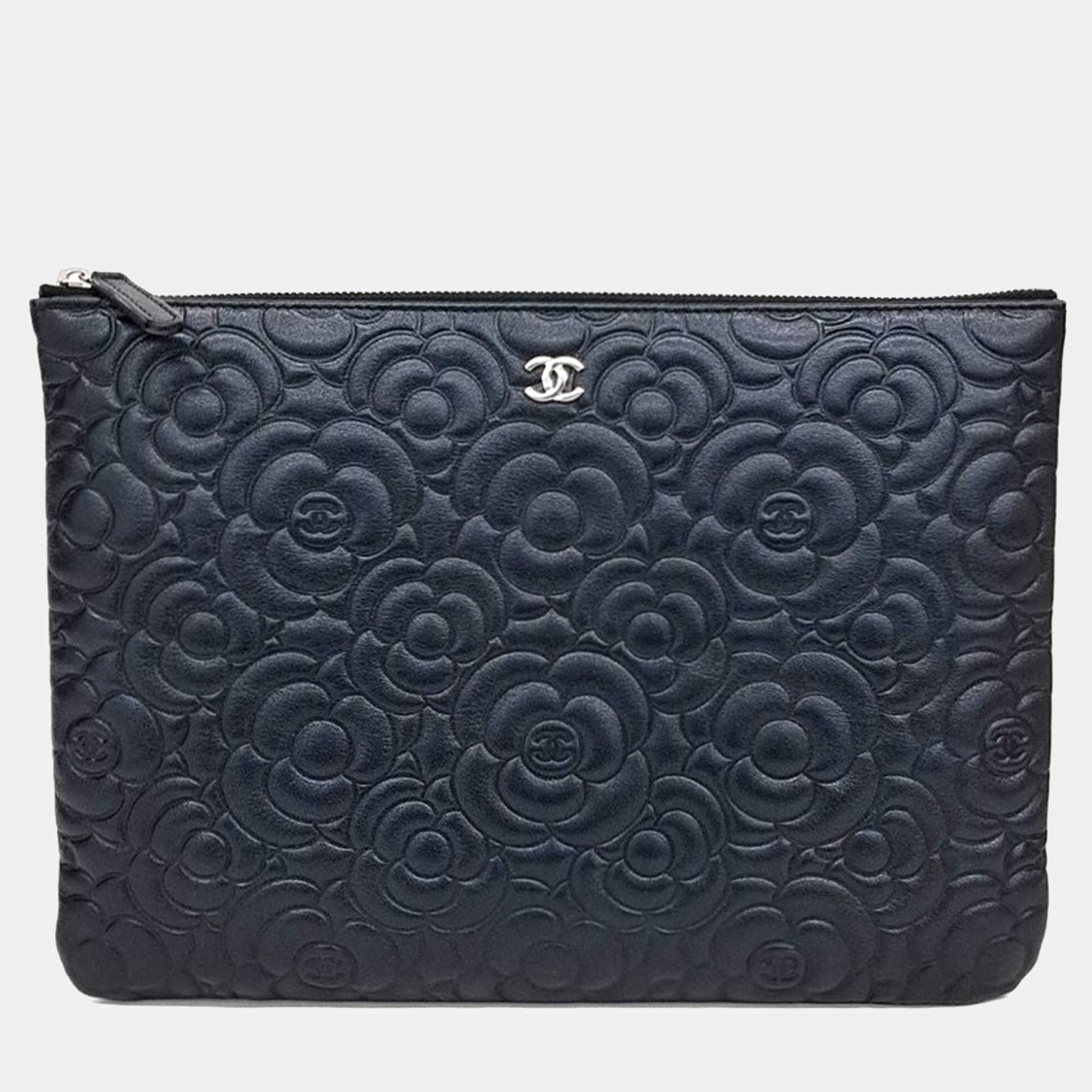 Pre Owned Chanel Blue Leather Camellia Clutch