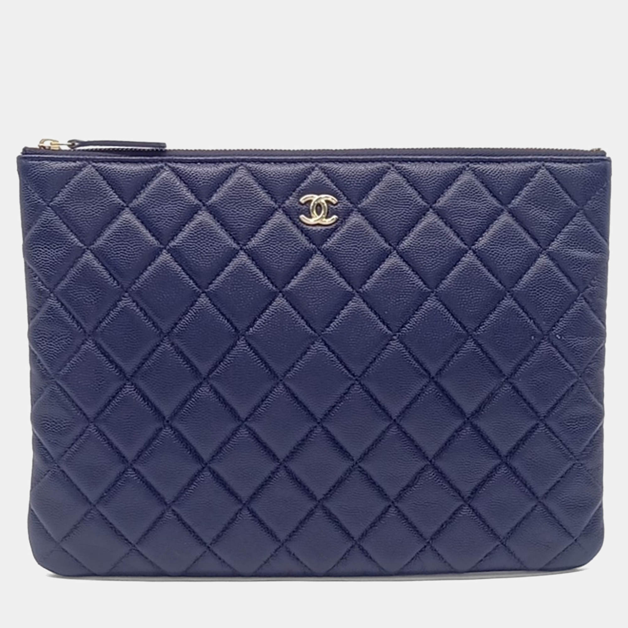 Pre Owned Chanel Blue Caviar Leather Caviar Clutch New Medium