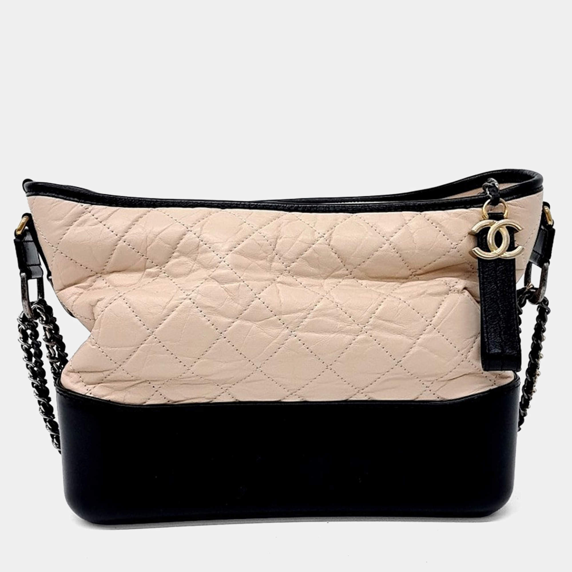 Pre Owned Chanel Beige Black Leather Gabrielle Hobo Bag Medium