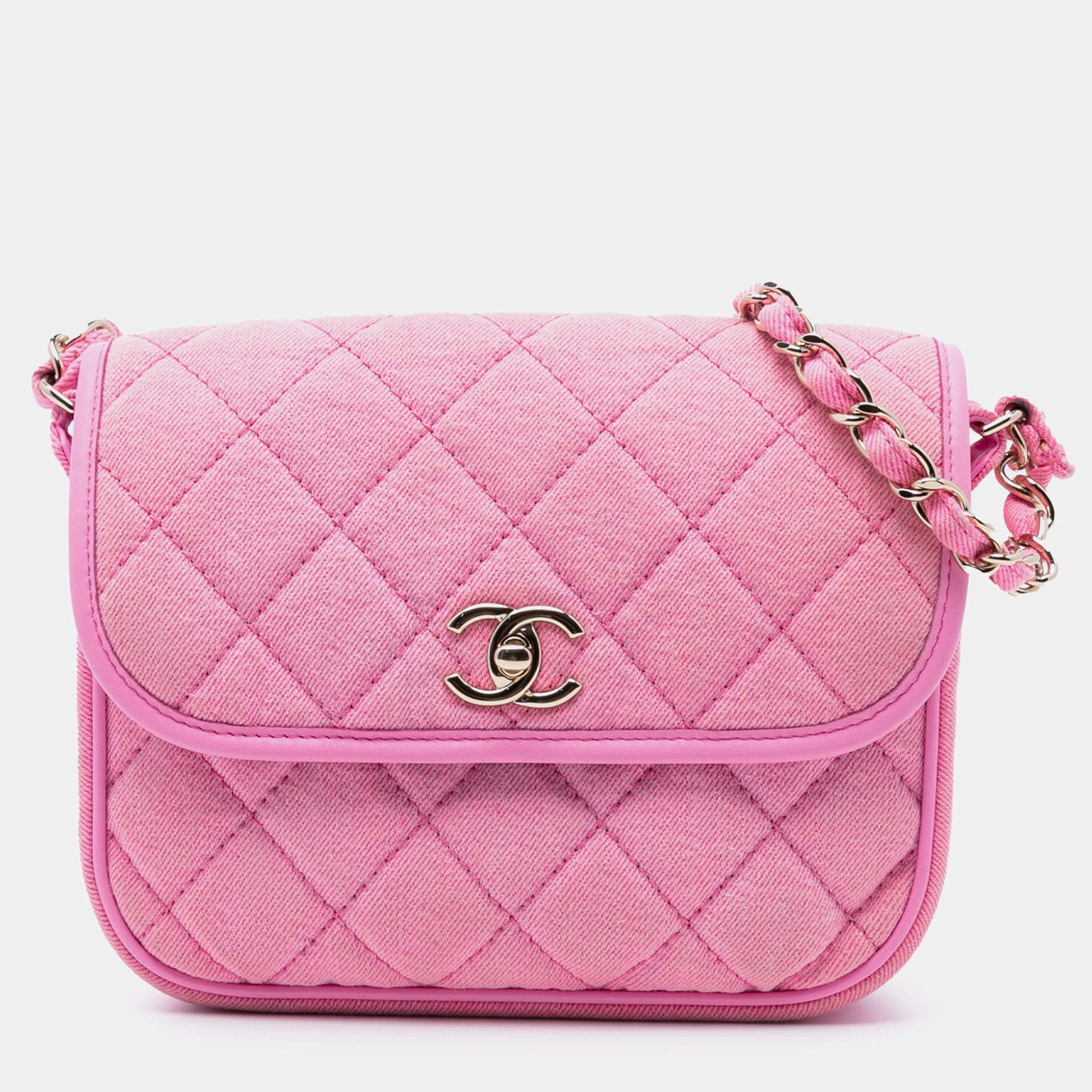 Pre Owned Chanel Pink Small CC Quilted Denim Messenger Flap