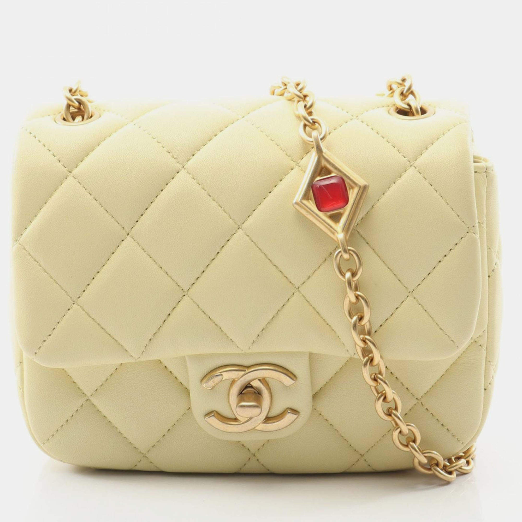 Pre Owned Chanel  Flap Mini Yellow Leather Shoulder Bag